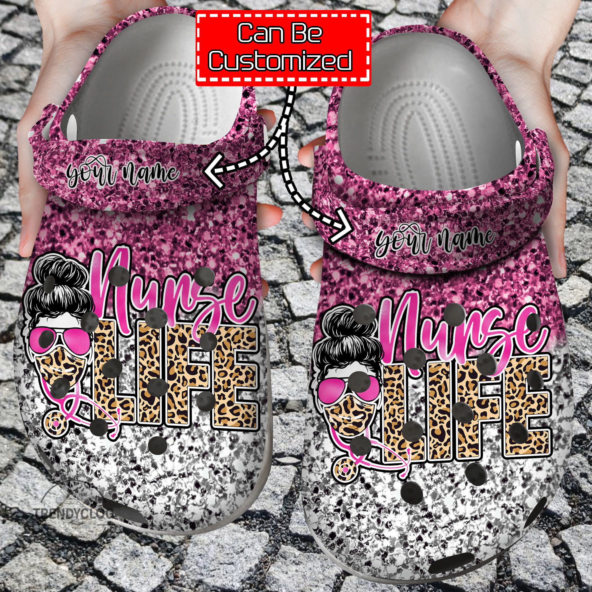 Nurse Personalized Nurse Life Face Leopard Gliiter Clog Crocs Shoes