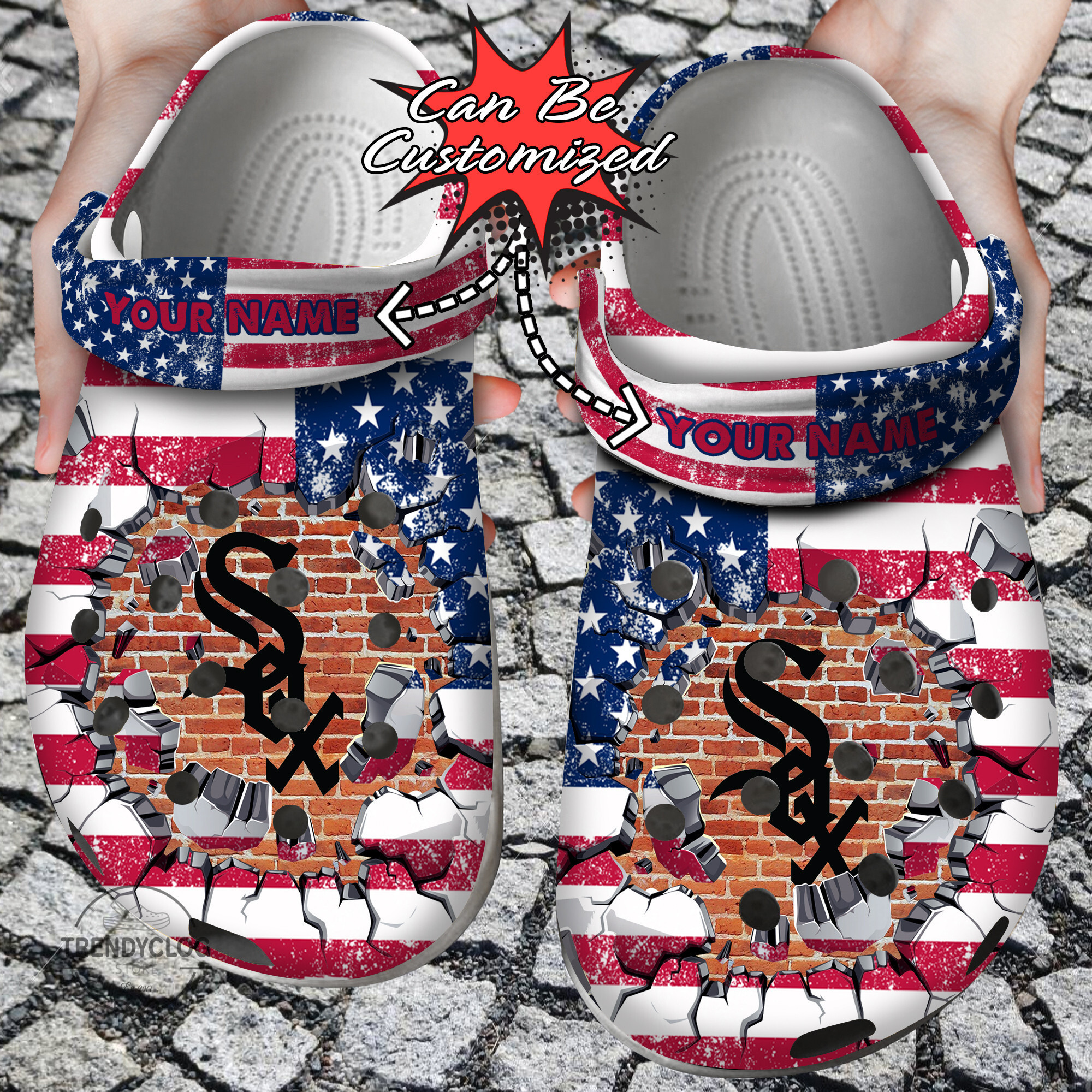 Baseball Personalized CWhite Sox American Flag Breaking Wall Clog Crocs Shoes