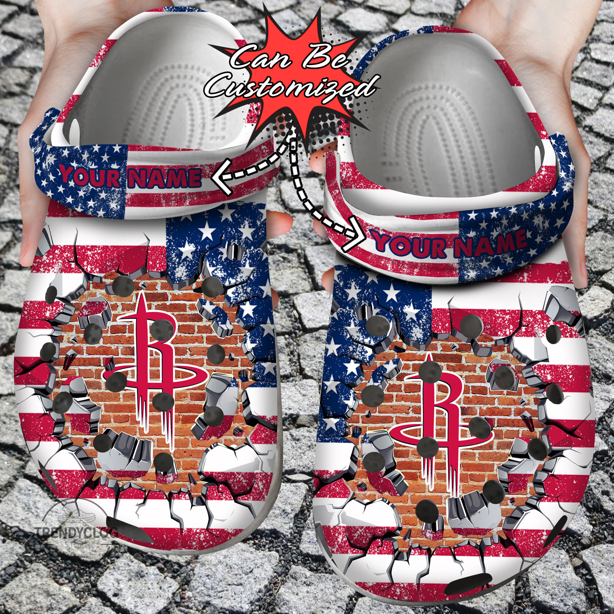 Basketball Personalized HRockets American Flag Breaking Wall Clog Crocs Shoes