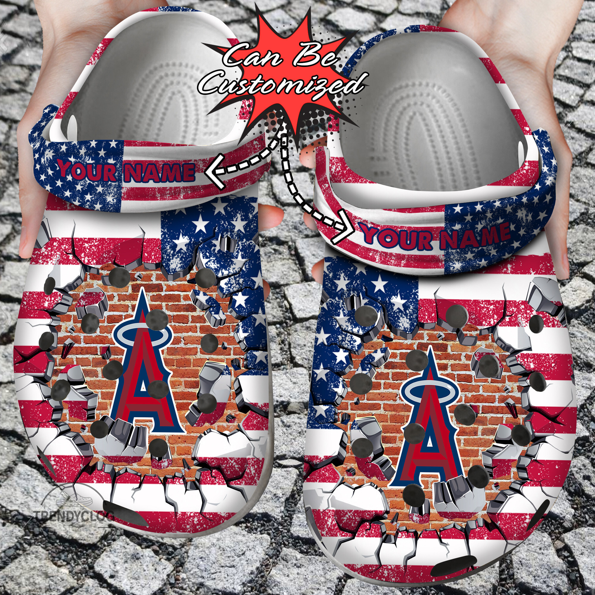 Baseball Personalized LA Angles American Flag Breaking Wall Clog Crocs Shoes