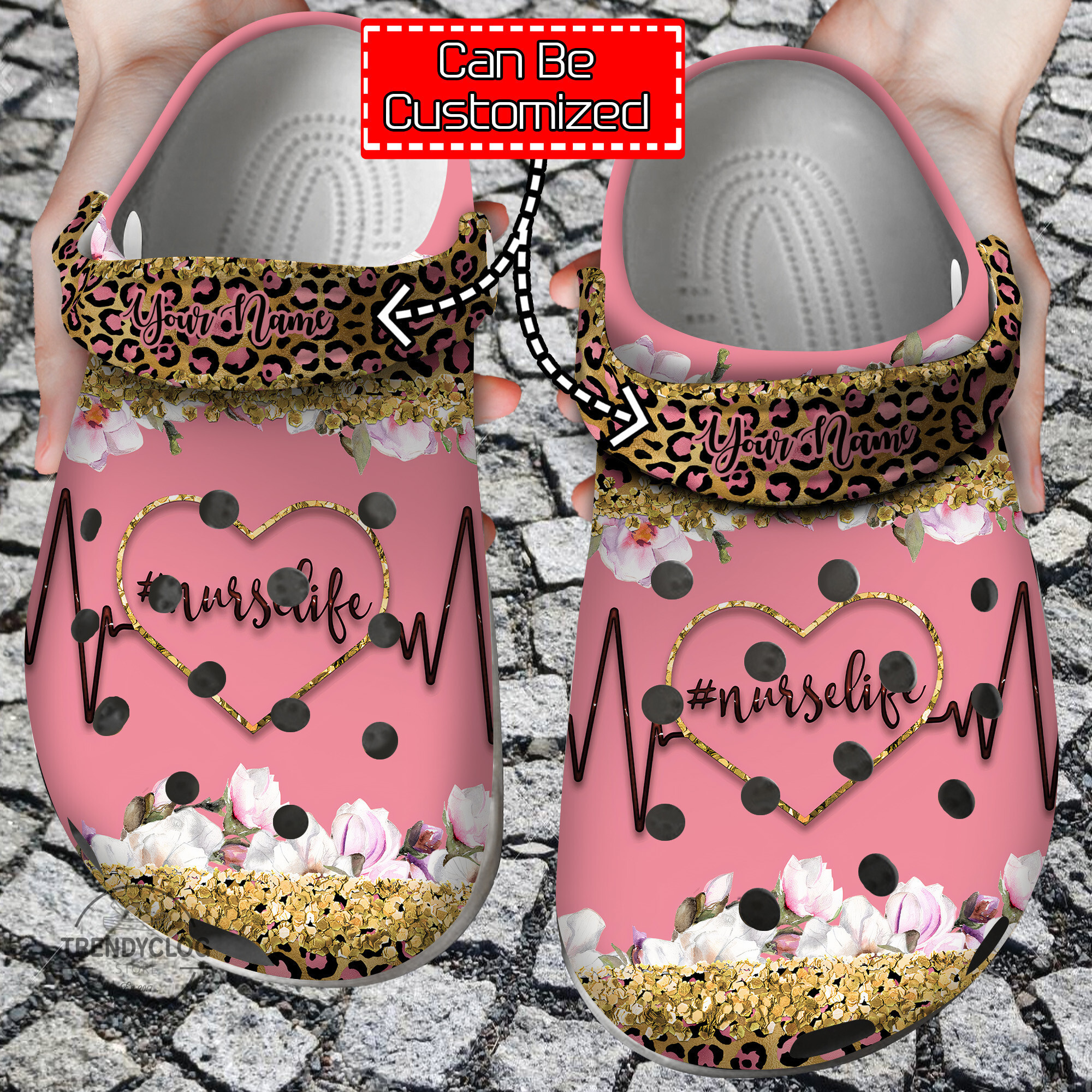 Nurse Personalized Nurse Life Heart Glitter Leopard Clog Crocs Shoes