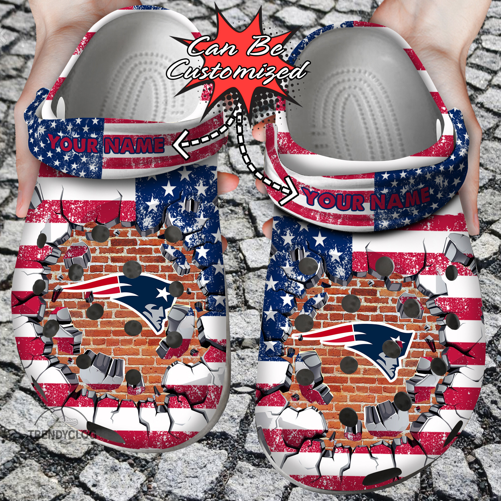 Football Personalized NE Patriots American Flag Breaking Wall Clog Crocs Shoes