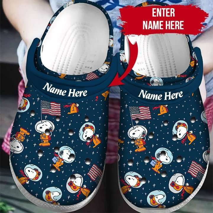 Custom Name Snoopy Astronaut Usa Flag Puzzle Pieces Crocband Clog Crocs Shoes