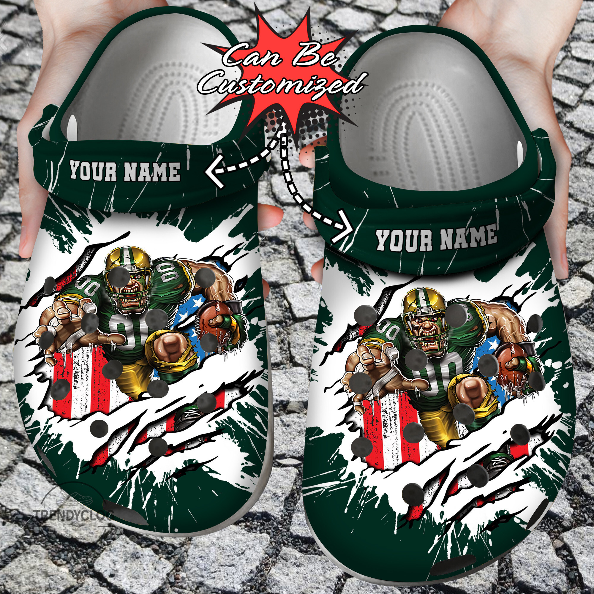 Football Personalized GPackers Mascot Ripped Flag Clog Crocs Shoes