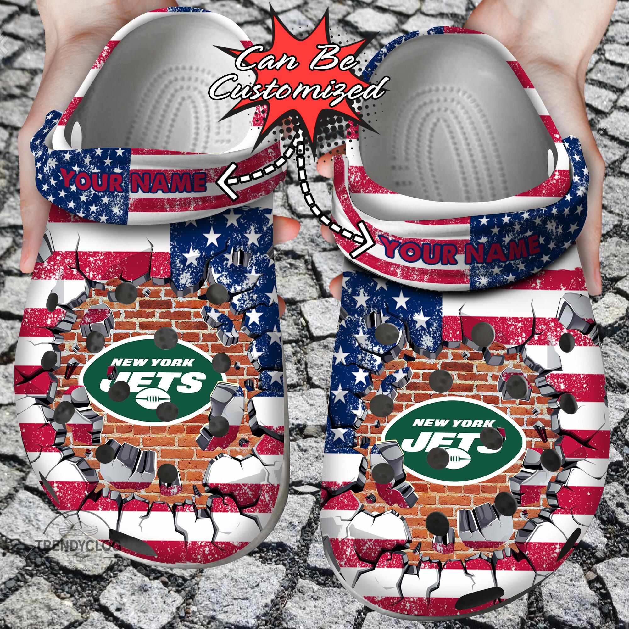 Football Personalized NY Jets American Flag Breaking Wall Clog Crocs Shoes