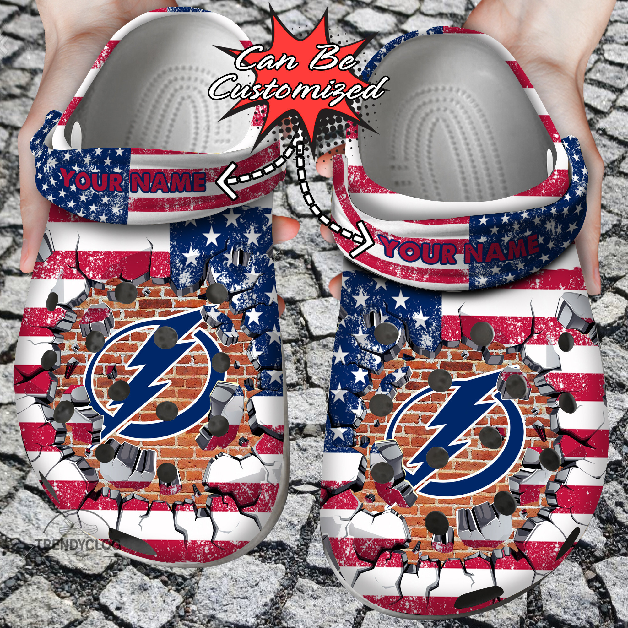 Hockey Personalized TB Lightning American Flag Breaking Wall Clog Crocs Shoes