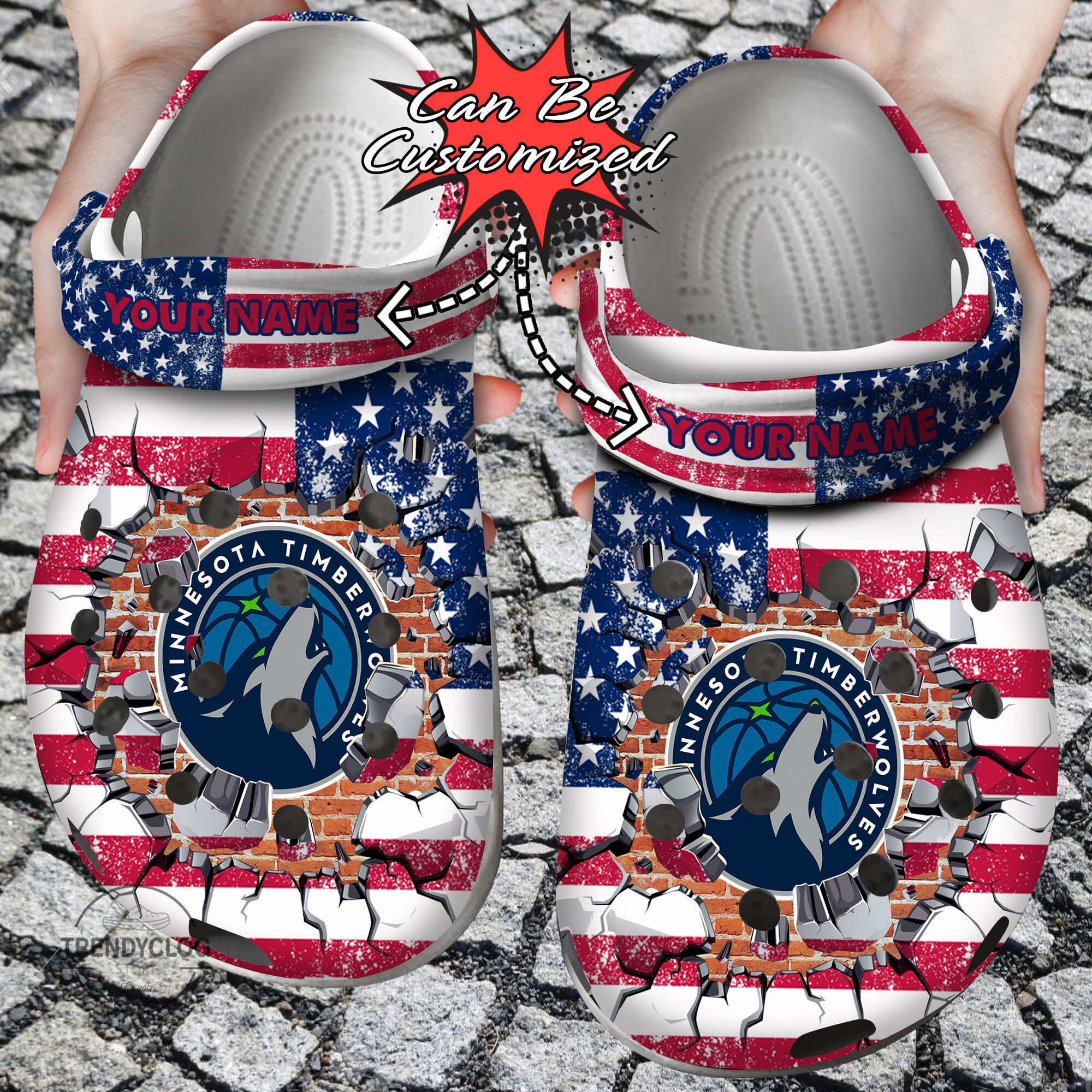 Basketball Personalized MTimberwolves American Flag Breaking Wall Clog Crocs Shoes