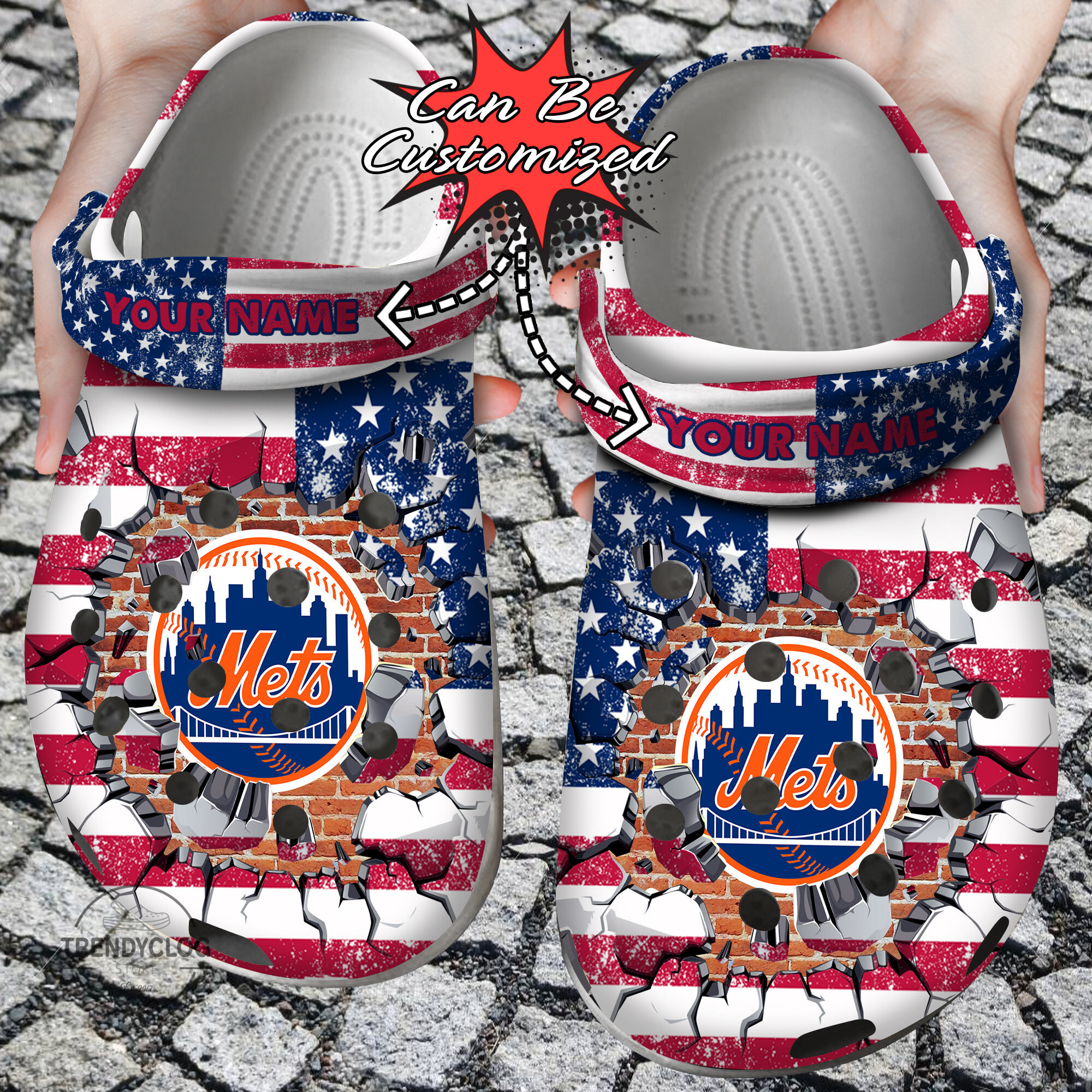 Baseball Personalized NY Mets American Flag Breaking Wall Clog Crocs Shoes