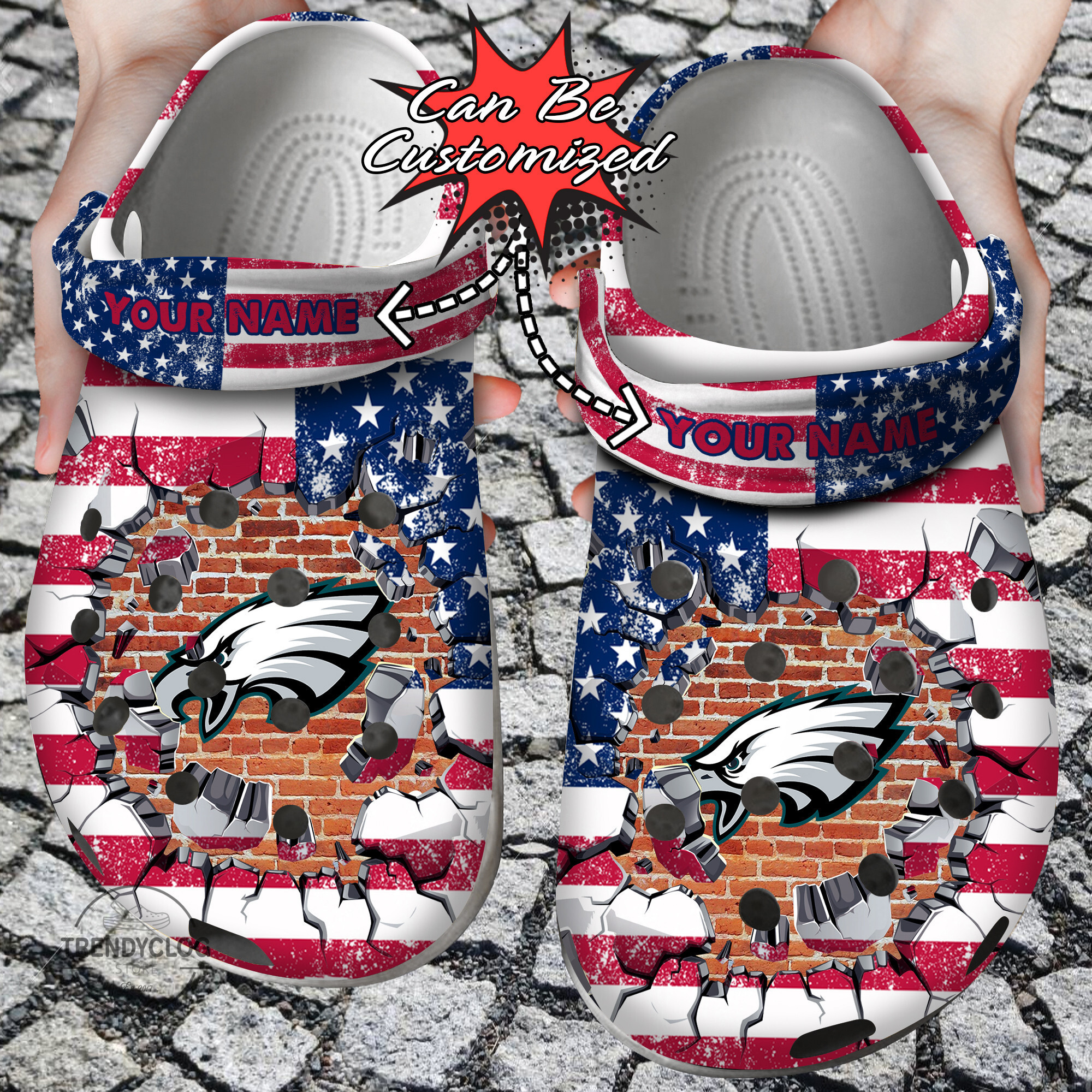 Football Personalized PEagles American Flag Breaking Wall Clog Crocs Shoes