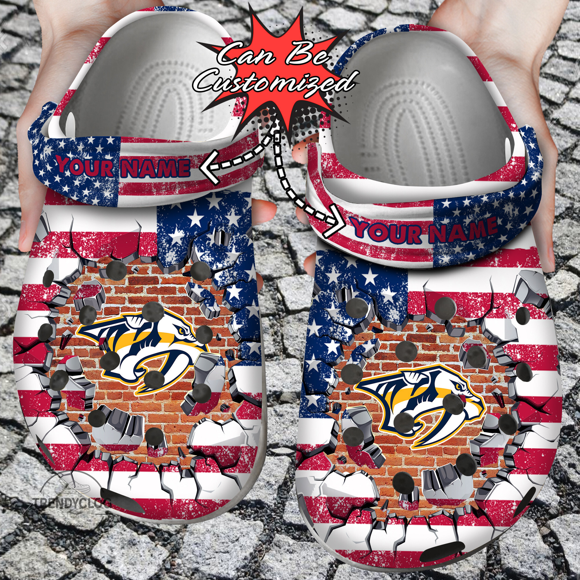 Hockey Personalized NPredators American Flag Breaking Wall Clog Crocs Shoes