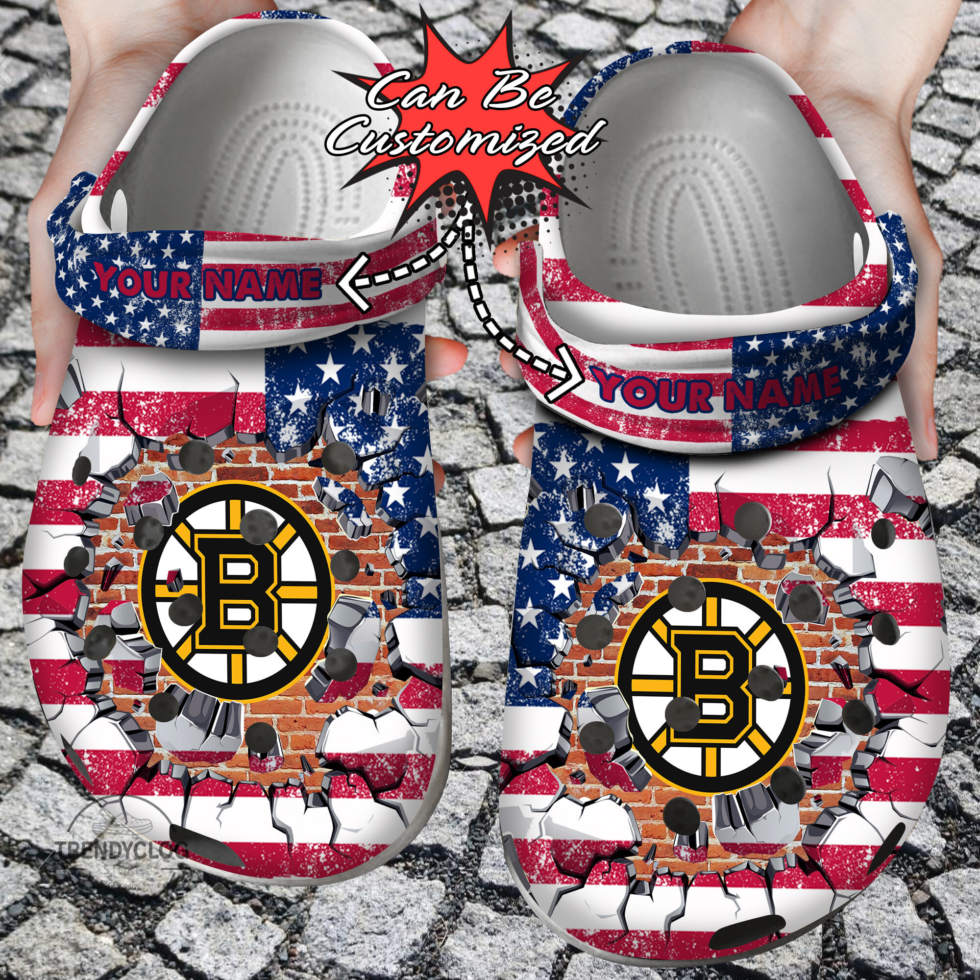 Hockey Personalized BBruins American Flag Breaking Wall Clog Crocs Shoes