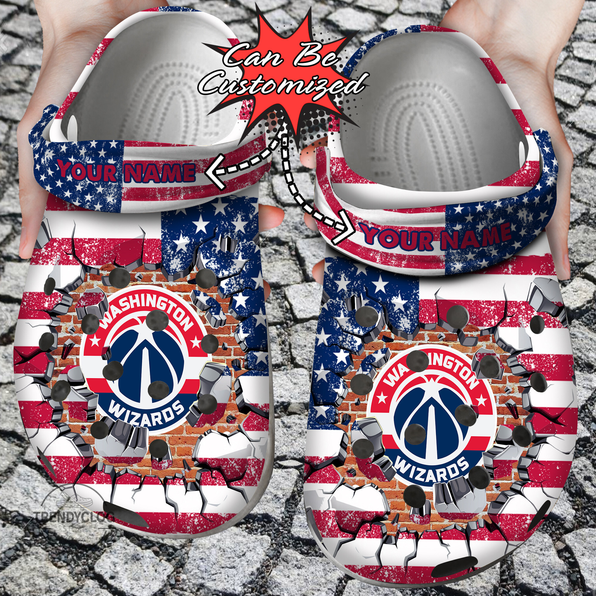 Basketball Personalized WWizards American Flag Breaking Wall Clog Crocs Shoes