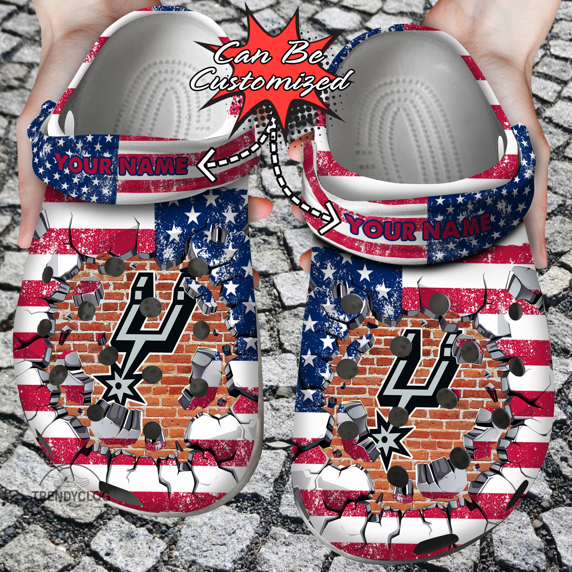 Basketball Personalized SA Spurs American Flag Breaking Wall Clog Crocs Shoes