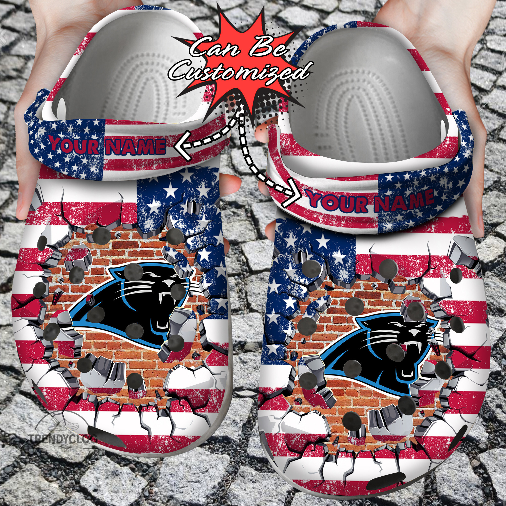 Football Personalized CPanthers American Flag Breaking Wall Clog Crocs Shoes