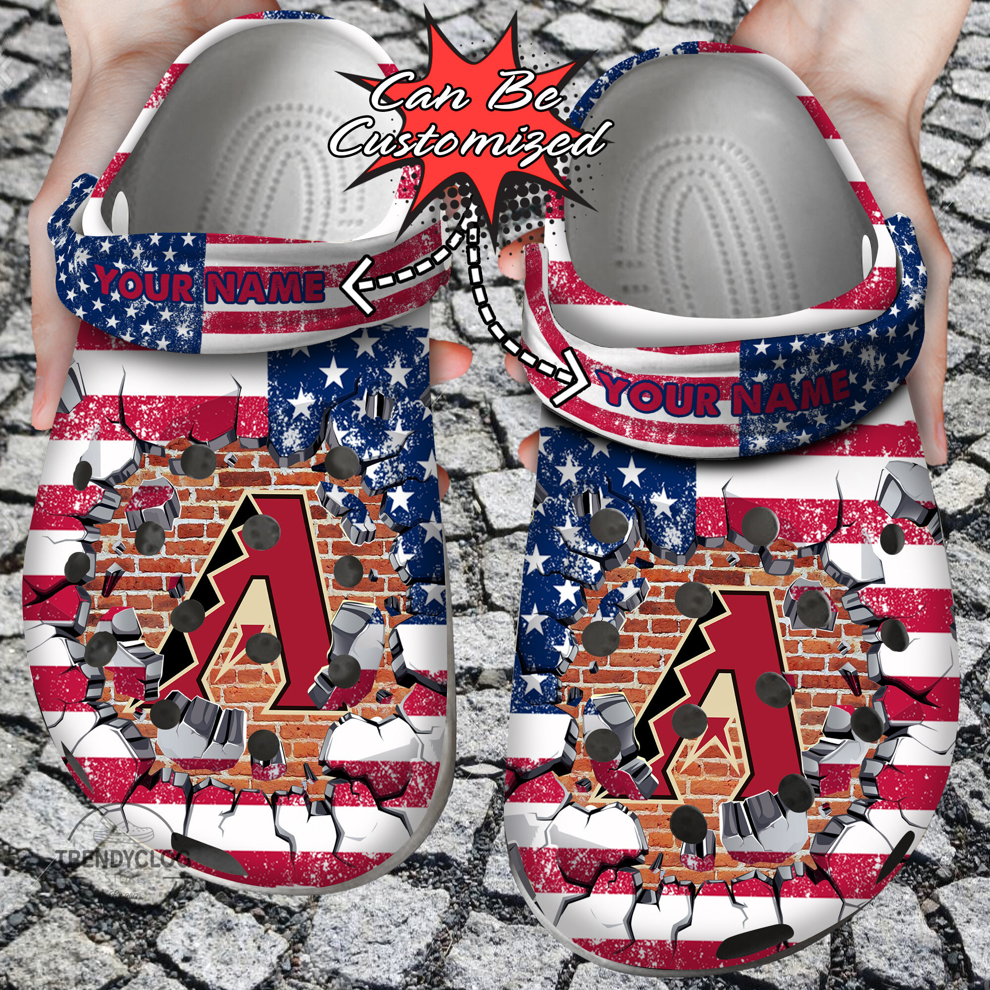 Baseball Personalized ADiamondbacks American Flag Breaking Wall Clog Crocs Shoes