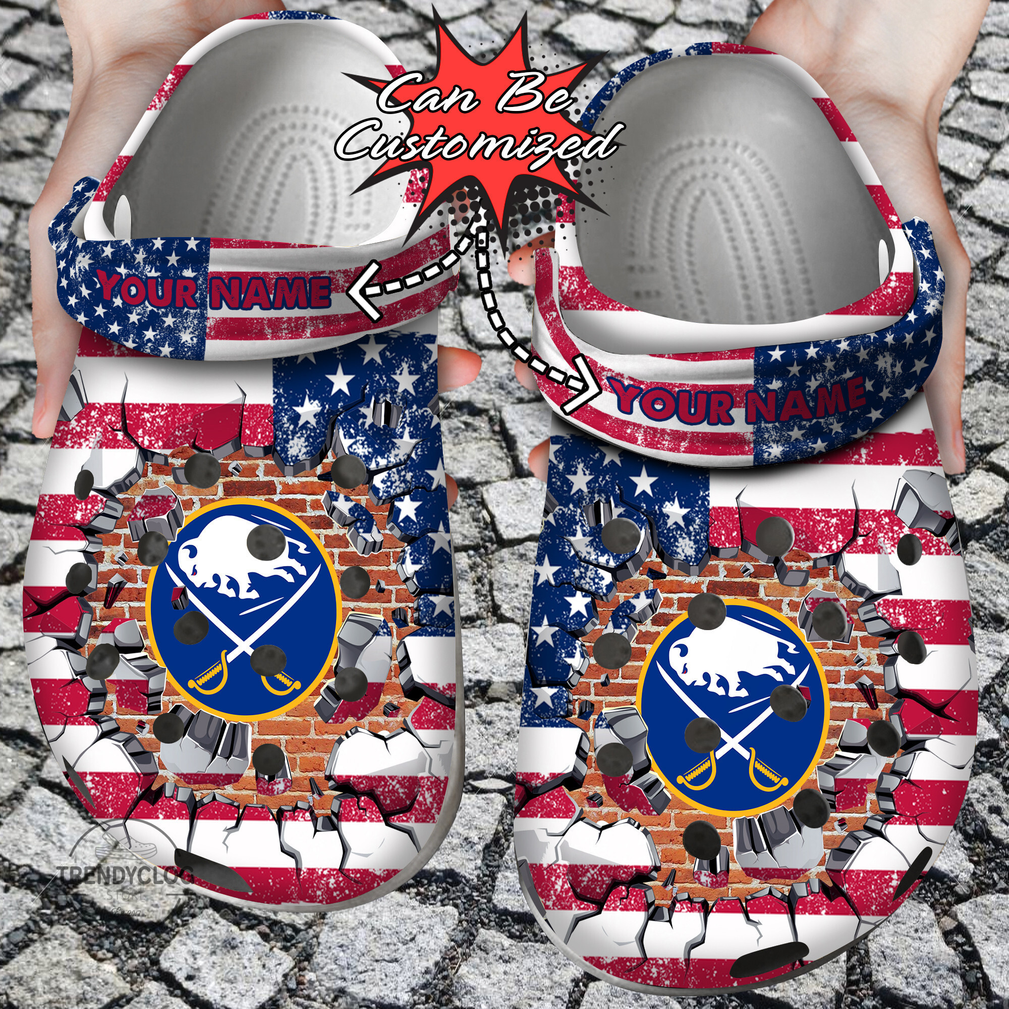 Hockey Personalized BSabres American Flag Breaking Wall Clog Crocs Shoes