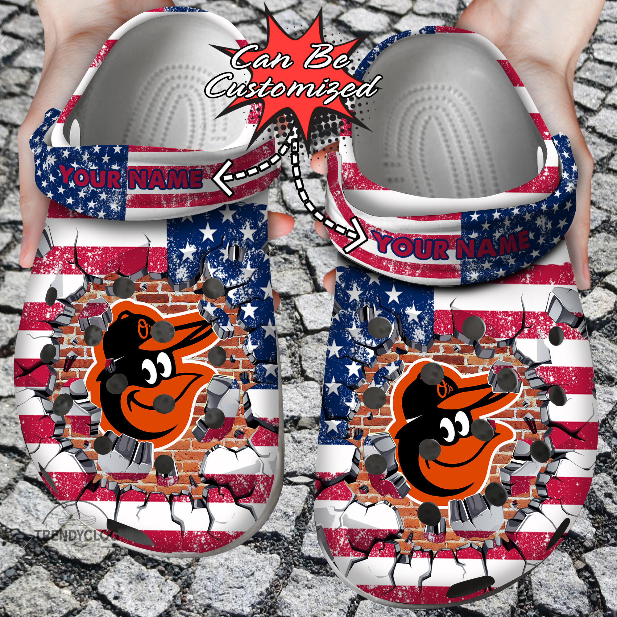 Baseball Personalized BOrioles American Flag Breaking Wall Clog Crocs Shoes