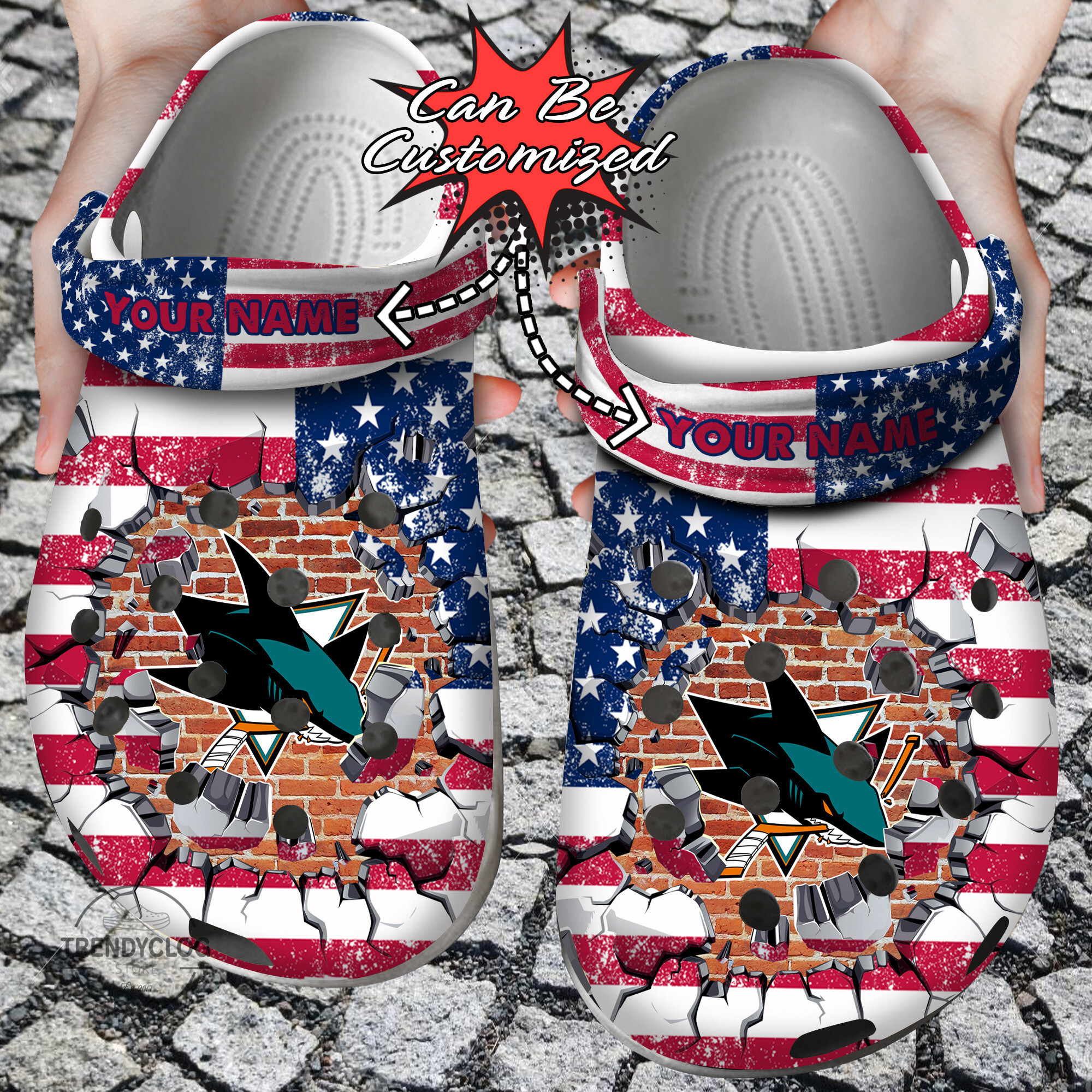 Hockey Personalized SJ Sharks American Flag Breaking Wall Clog Crocs Shoes