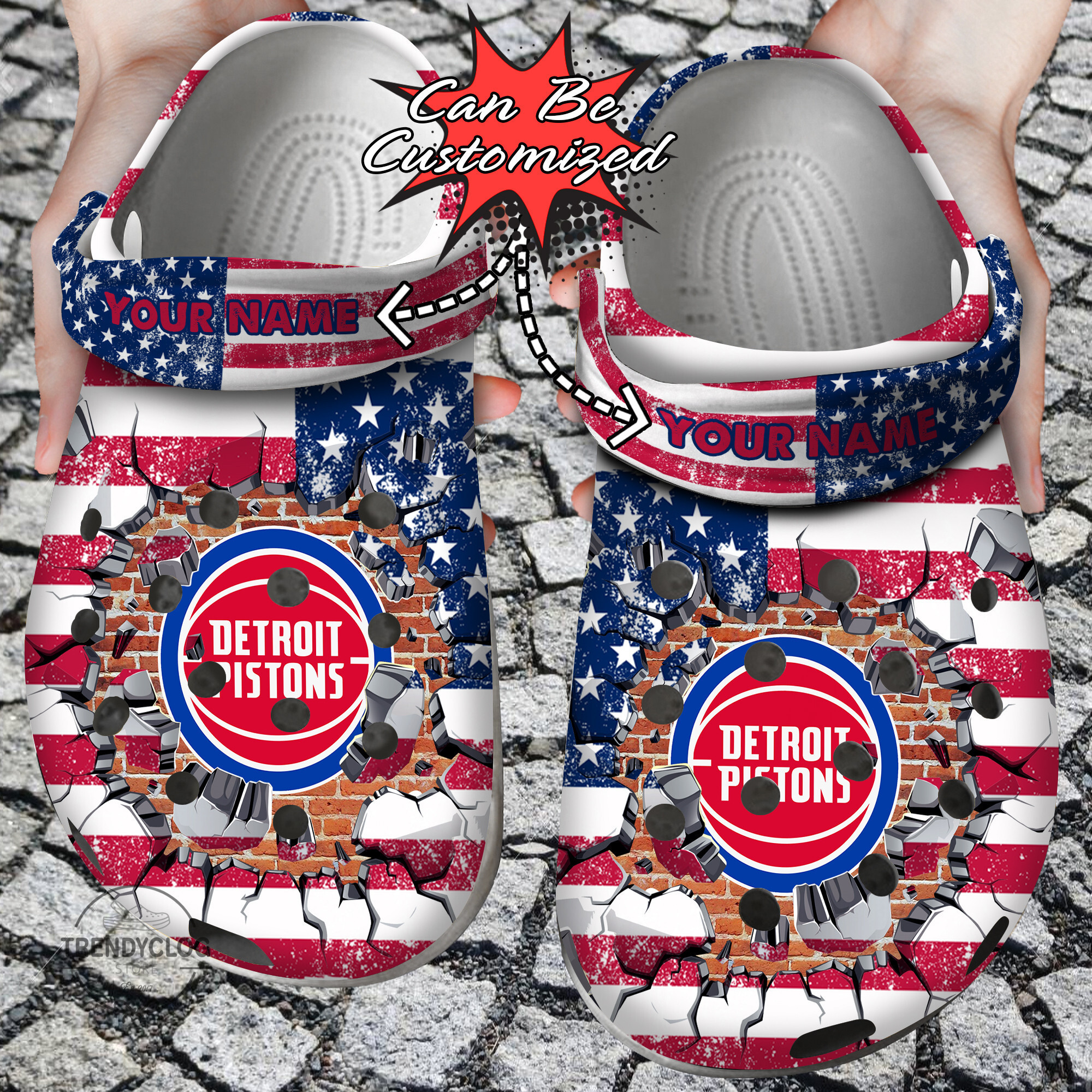 Basketball Personalized DPistons American Flag Breaking Wall Clog Crocs Shoes