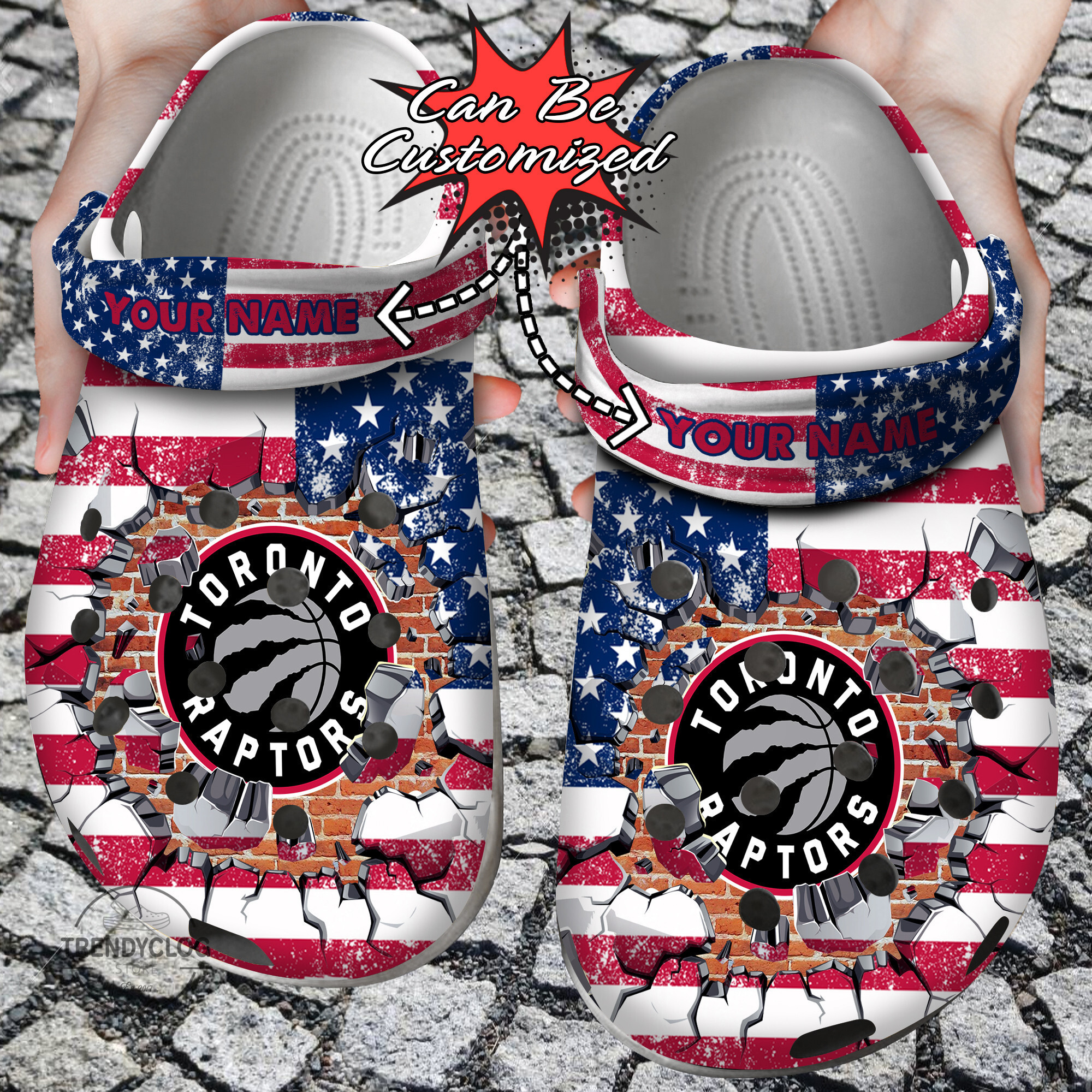 Basketball Personalized TRaptors American Flag Breaking Wall Clog Crocs Shoes