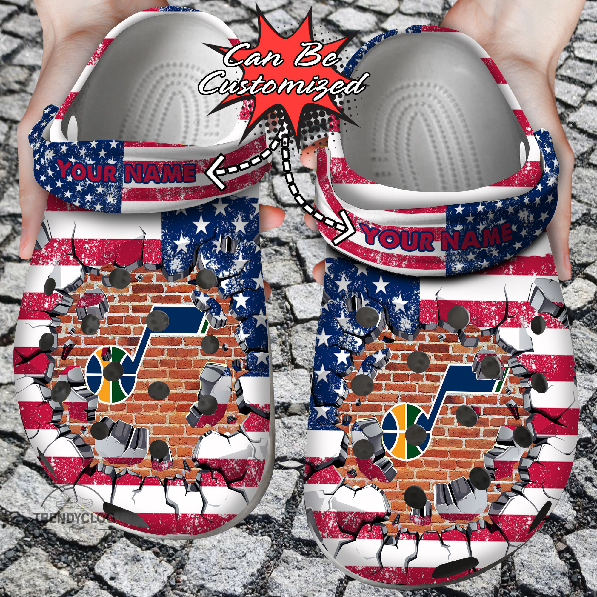 Basketball Personalized UJazz American Flag Breaking Wall Clog Crocs Shoes