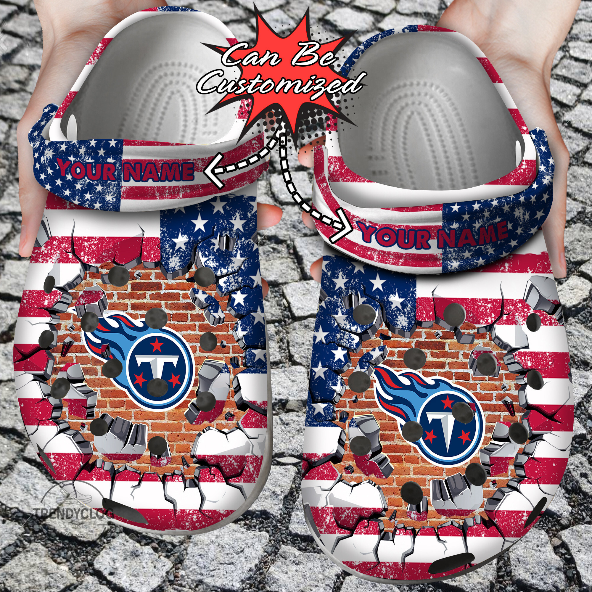 Football Personalized TTitans American Flag Breaking Wall Clog Crocs Shoes