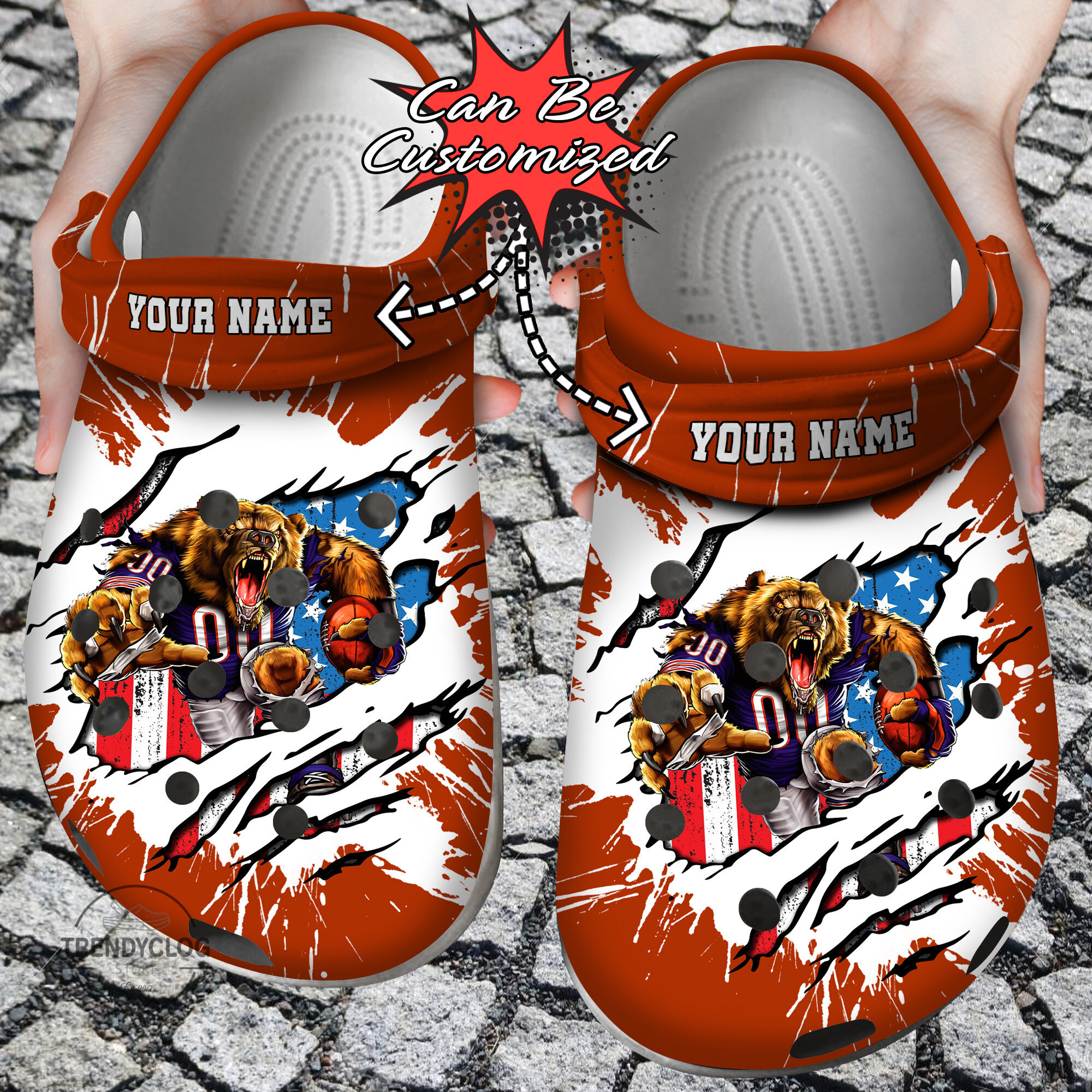 Football Personalized CBears Mascot Ripped Flag Clog Crocs Shoes