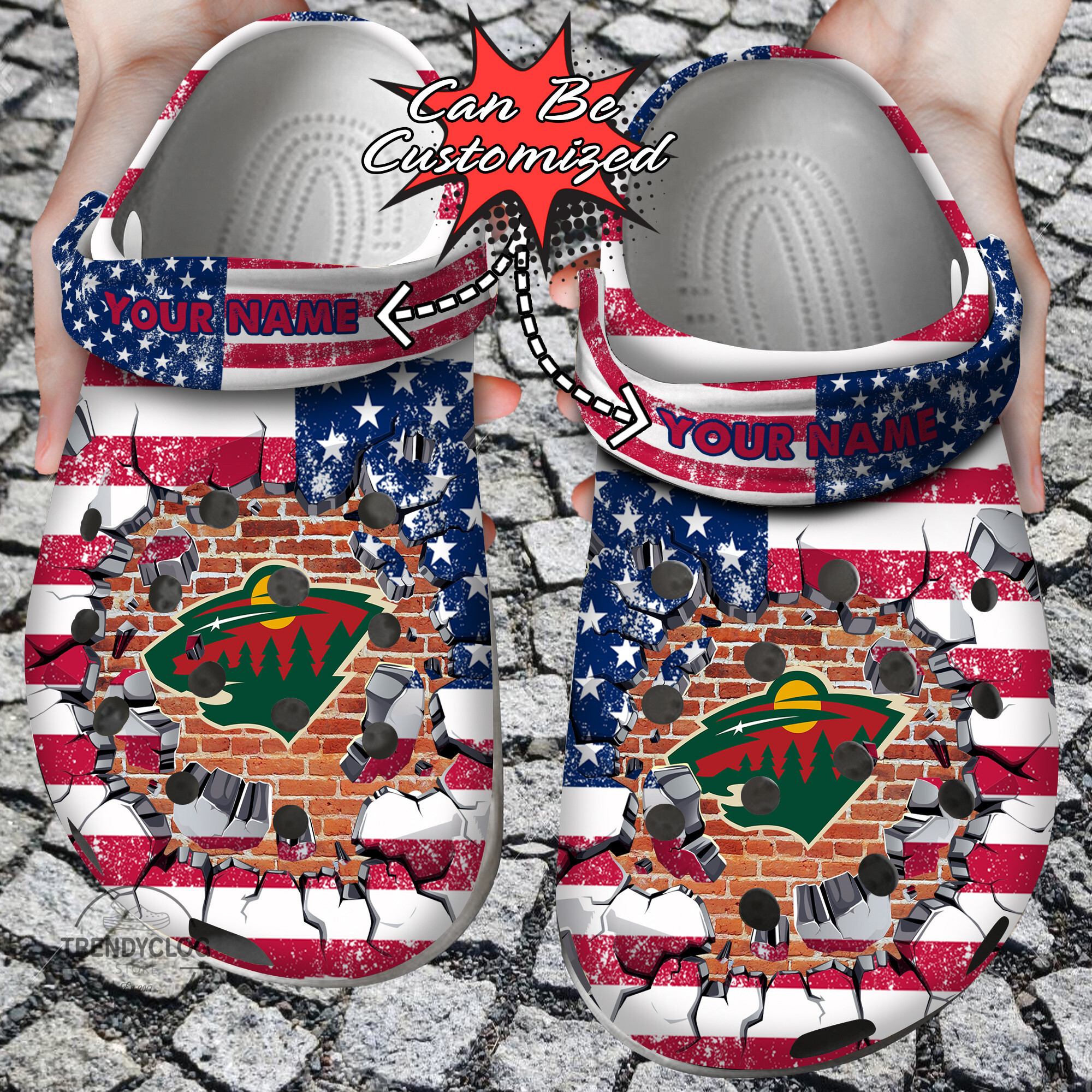 Hockey Personalized MWild American Flag Breaking Wall Clog Crocs Shoes