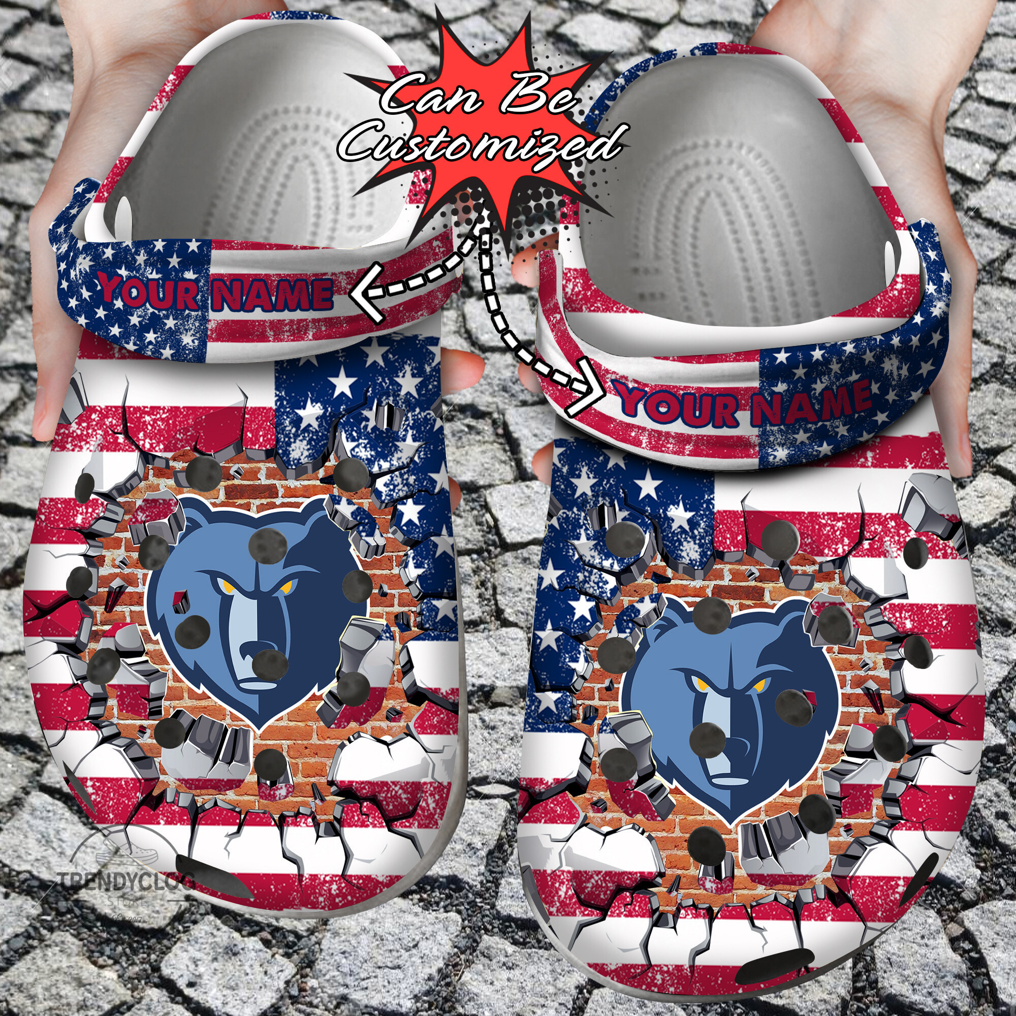 Basketball Personalized MGrizzlies American Flag Breaking Wall Clog Crocs Shoes