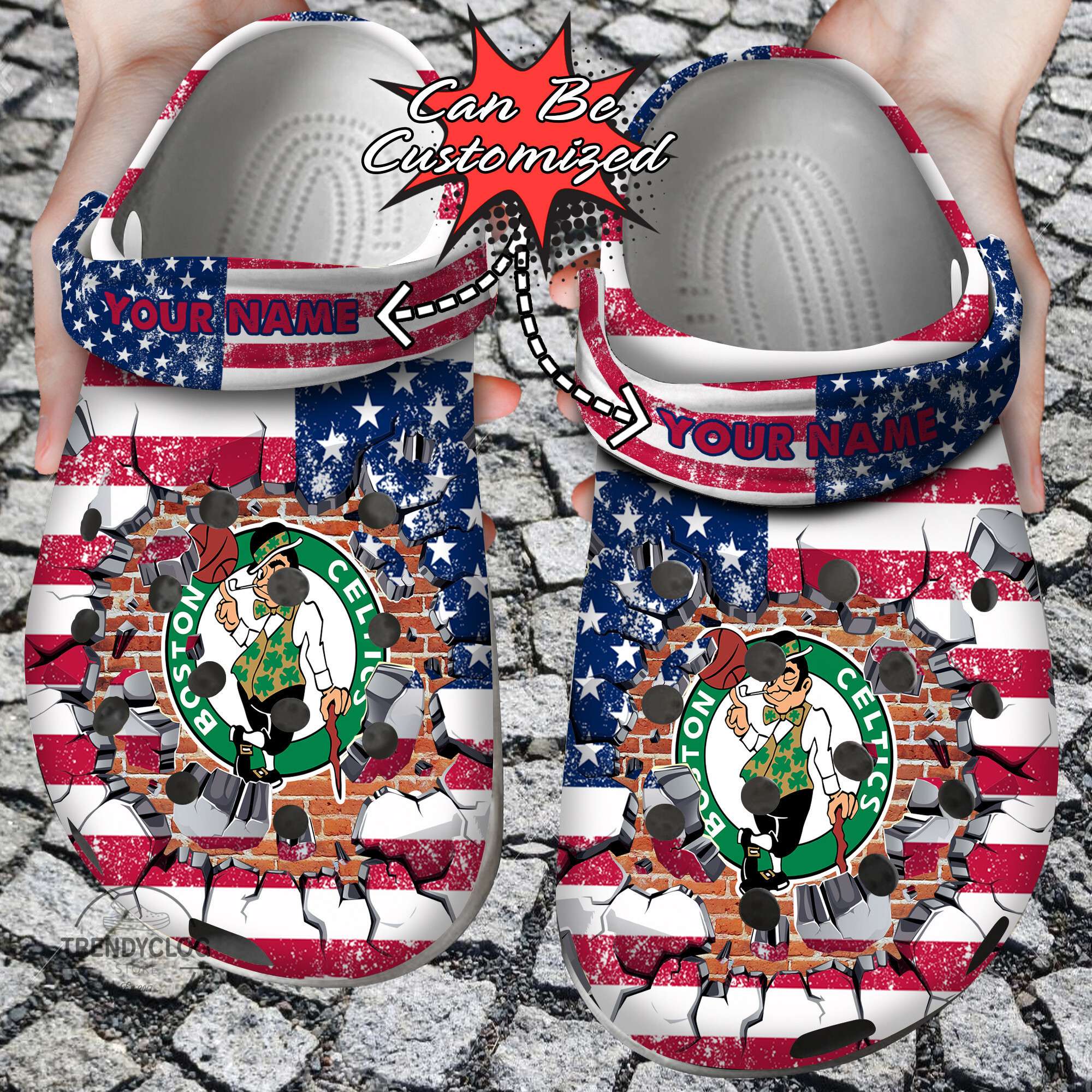 Basketball Personalized BCeltics American Flag Breaking Wall Clog Crocs Shoes