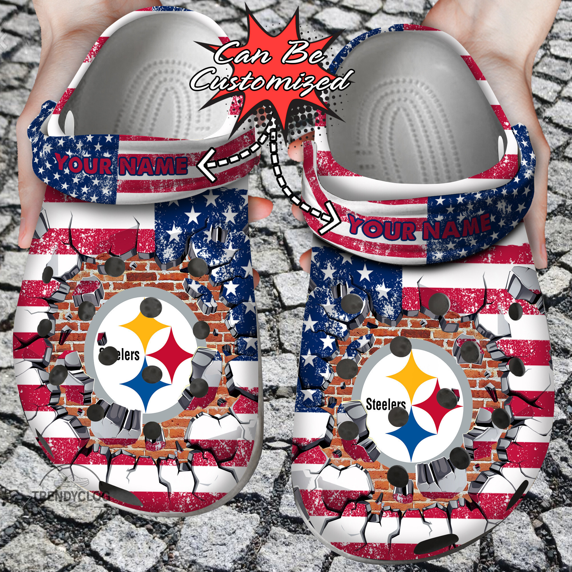 Football Personalized PSteelers American Flag Breaking Wall Clog Crocs Shoes