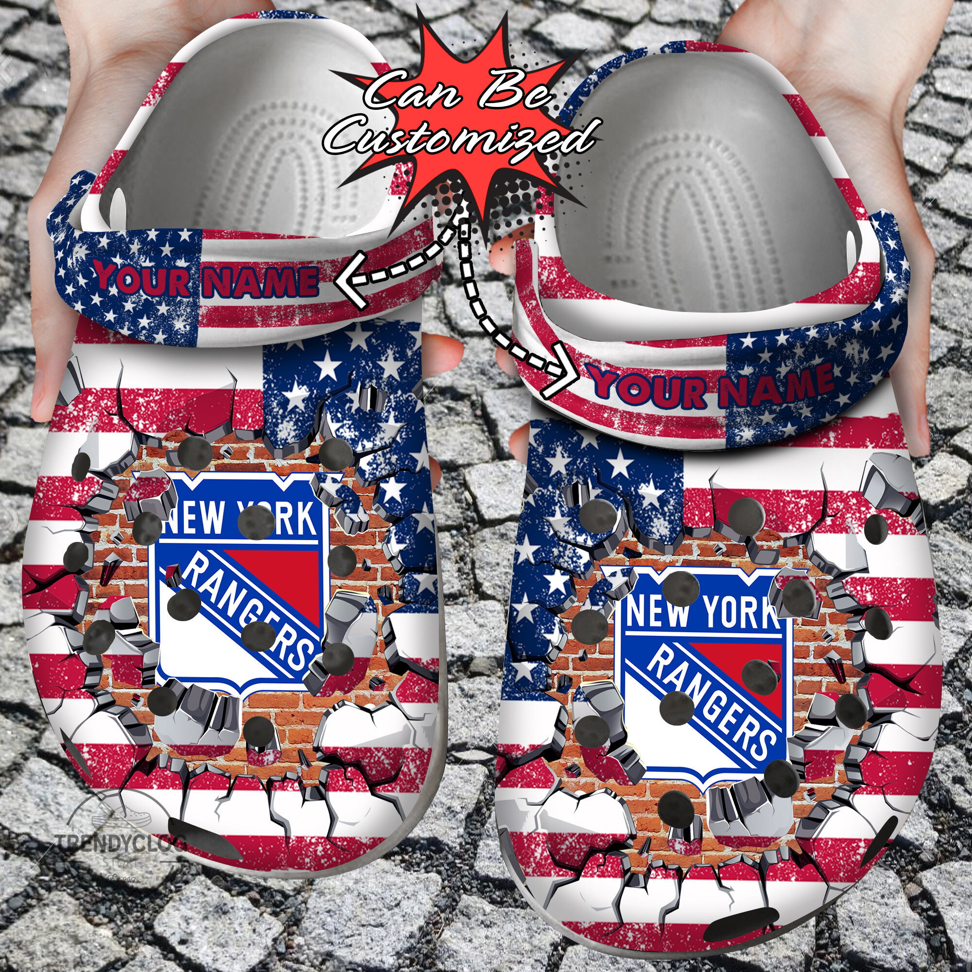 Hockey Personalized NY Rangers American Flag Breaking Wall Clog Crocs Shoes