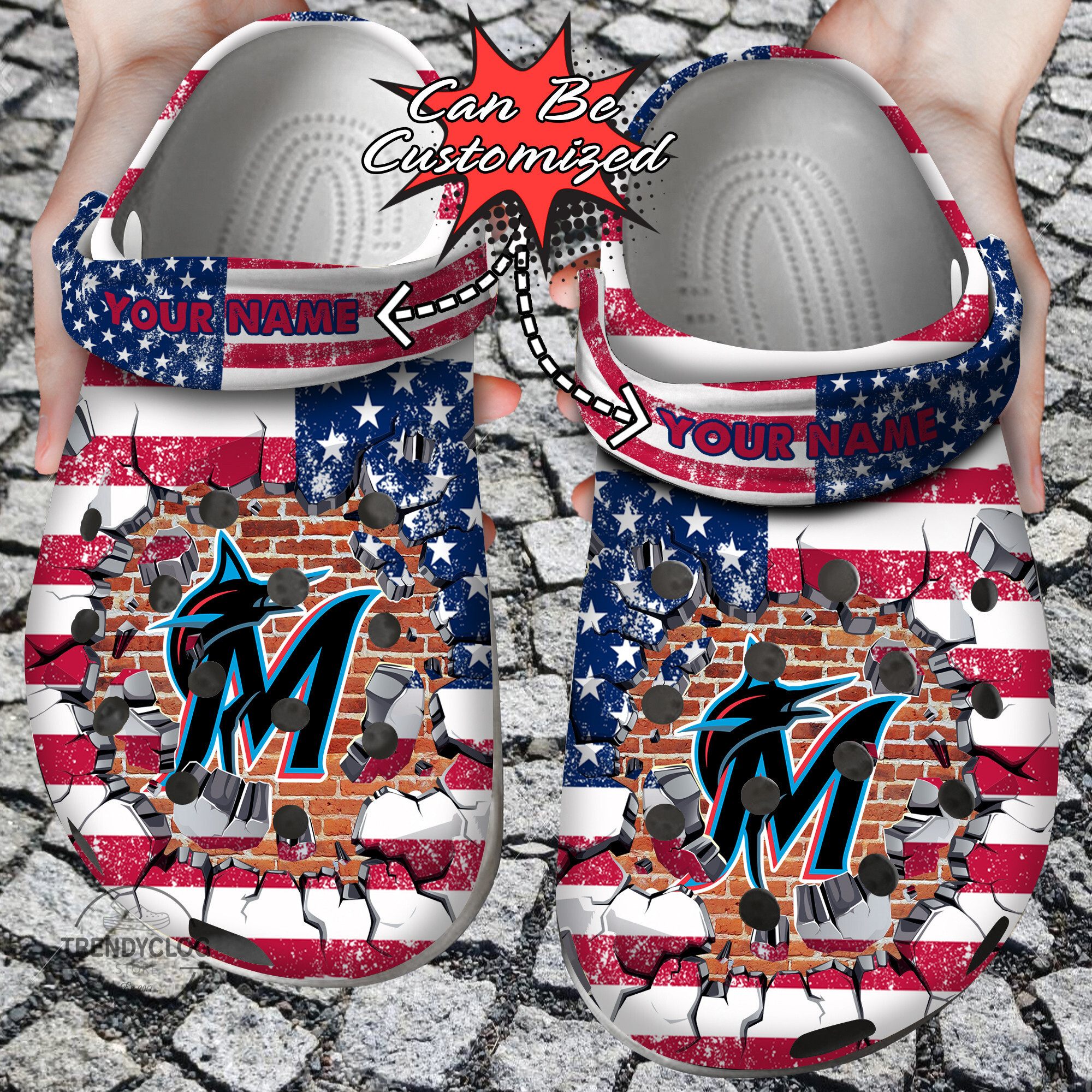 Baseball Personalized MMarlins American Flag Breaking Wall Clog Crocs Shoes