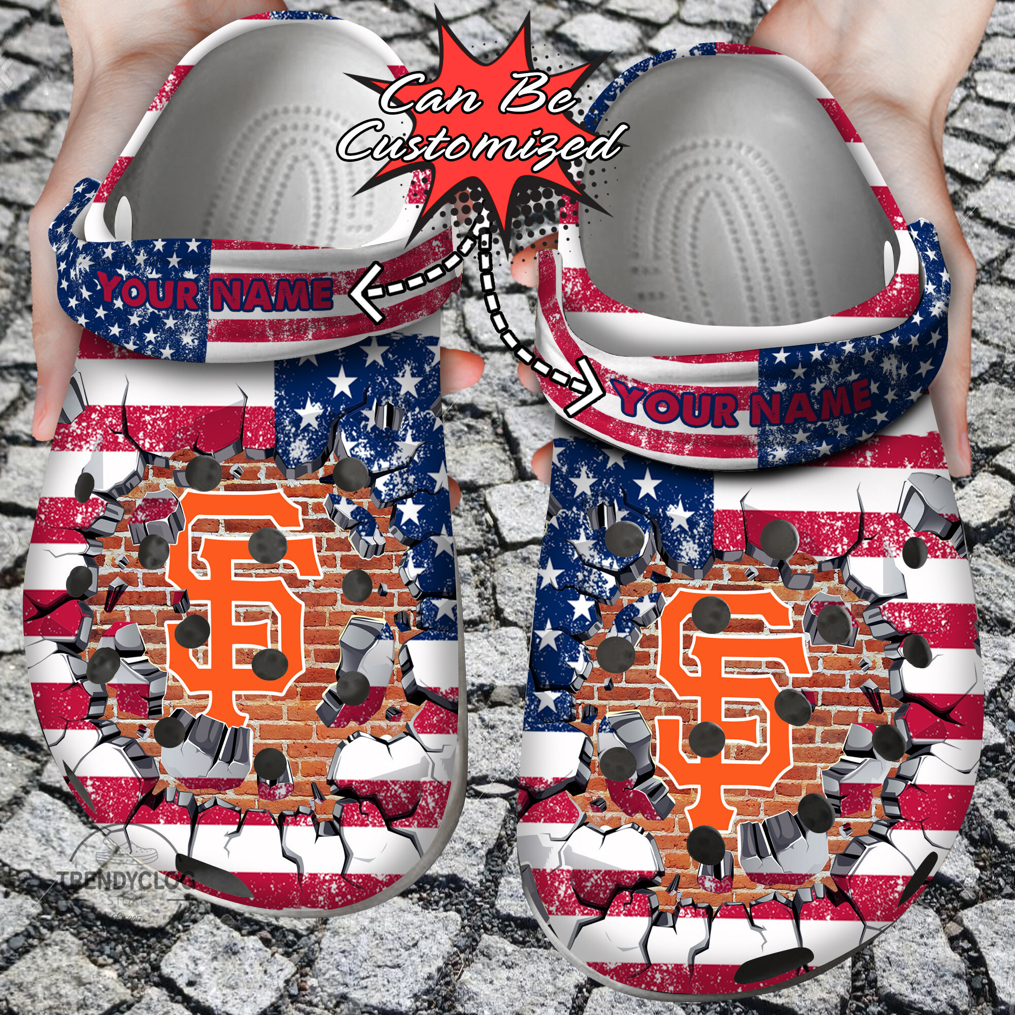 Baseball Personalized SF Giants American Flag Breaking Wall Clog Crocs Shoes