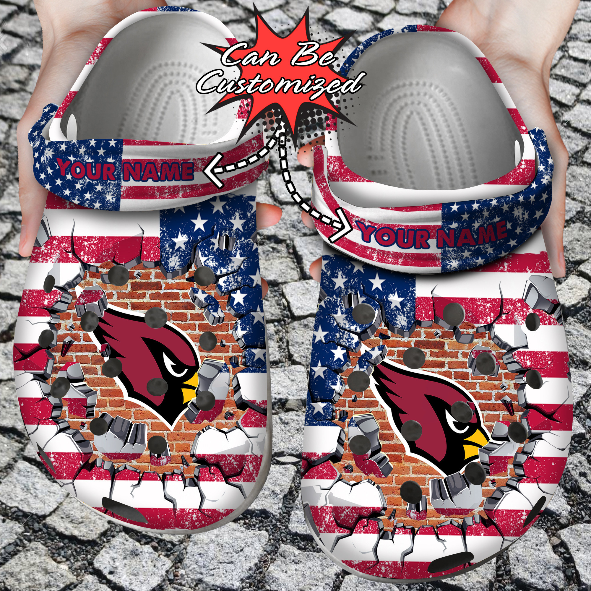 Football Personalized ACardinals American Flag Breaking Wall Clog Crocs Shoes