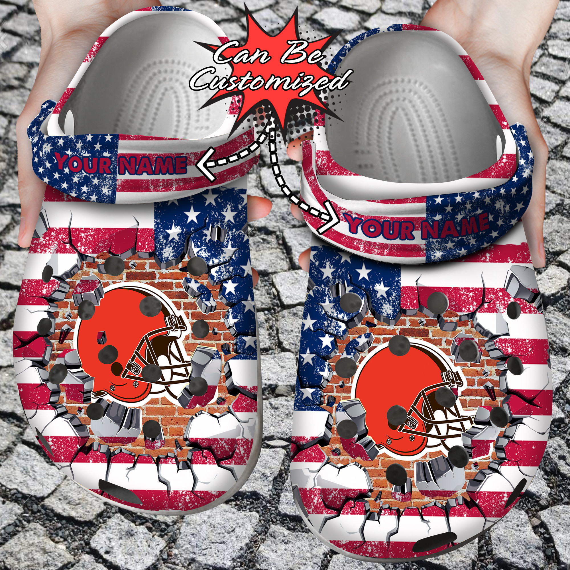 Football Personalized CBrowns American Flag Breaking Wall Clog Crocs Shoes