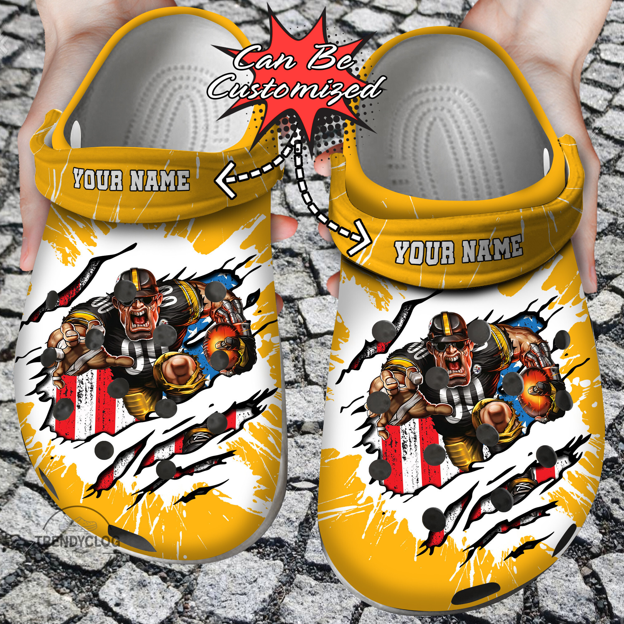 Football Personalized PSteelers Mascot Ripped Flag Clog Crocs Shoes