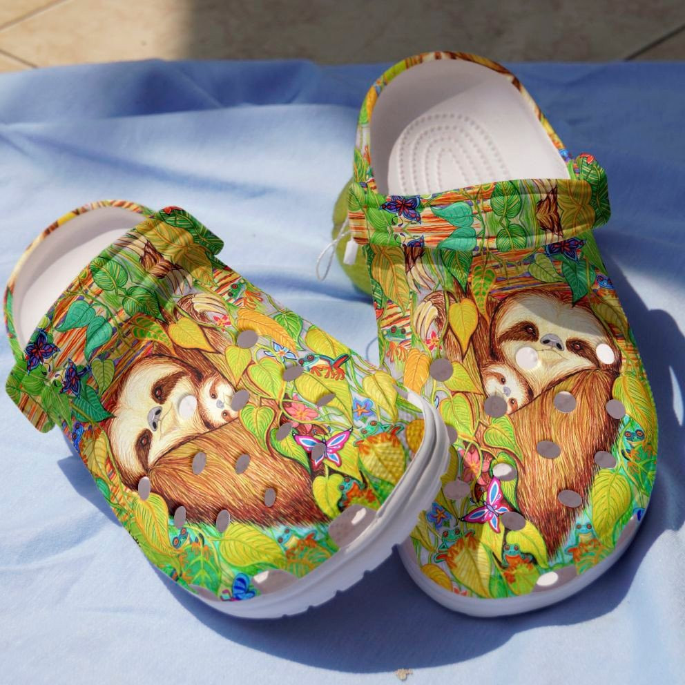 Mama Sloth And Baby In Jungle Crocs Shoes clogs Gift