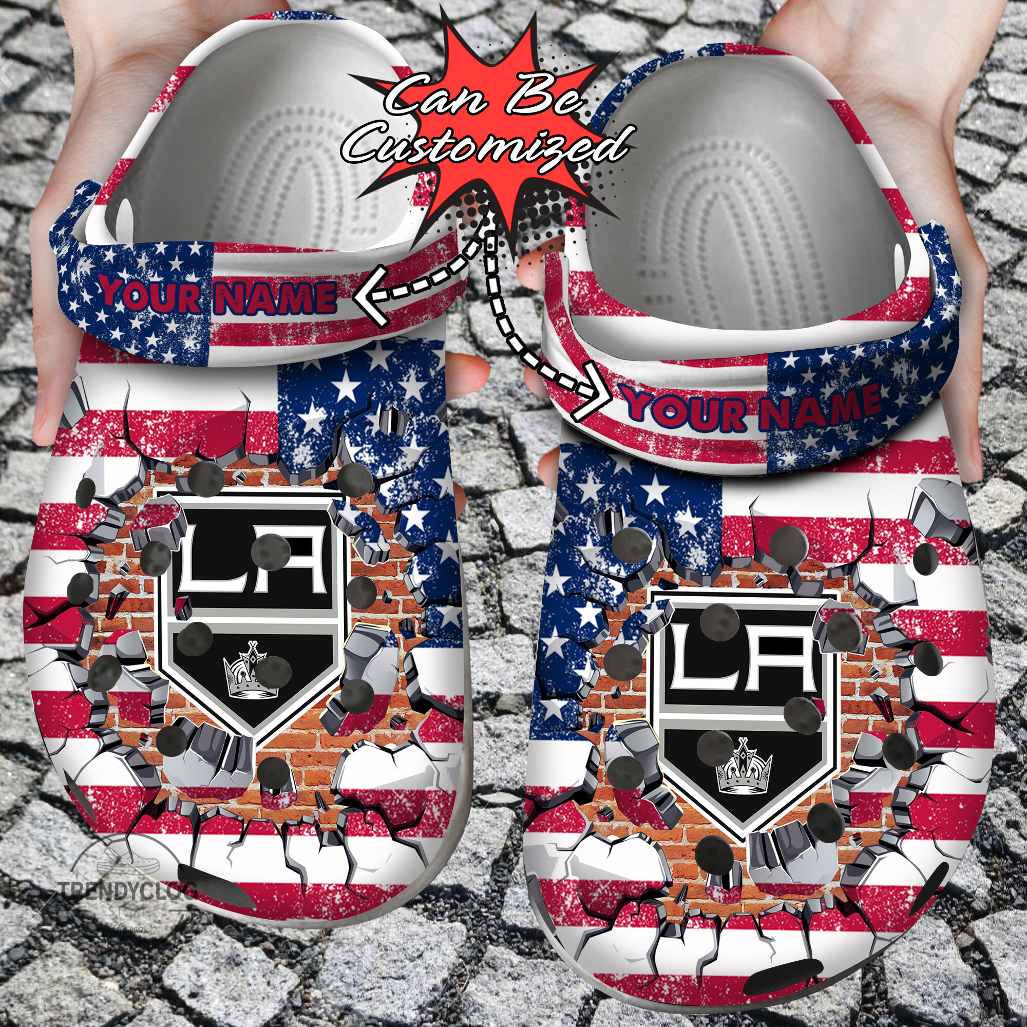 Hockey Personalized LA Kings American Flag Breaking Wall Clog Crocs Shoes