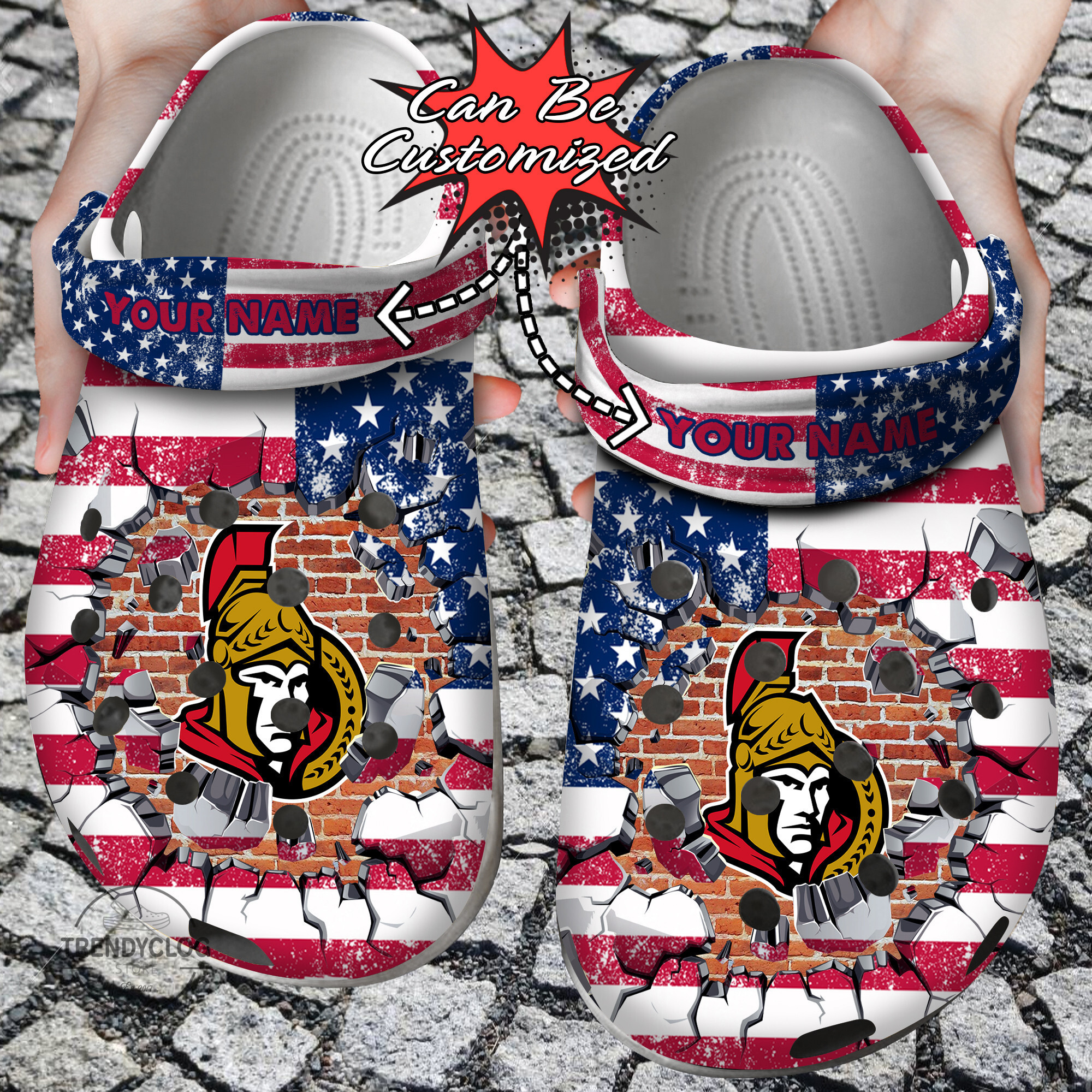 Hockey Personalized OSenators American Flag Breaking Wall Clog Crocs Shoes