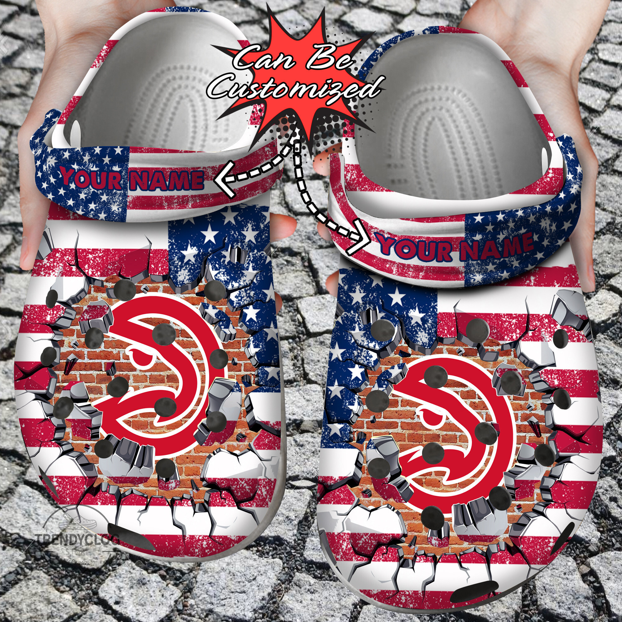 Basketball Personalized AHawks American Flag Breaking Wall Clog Crocs Shoes