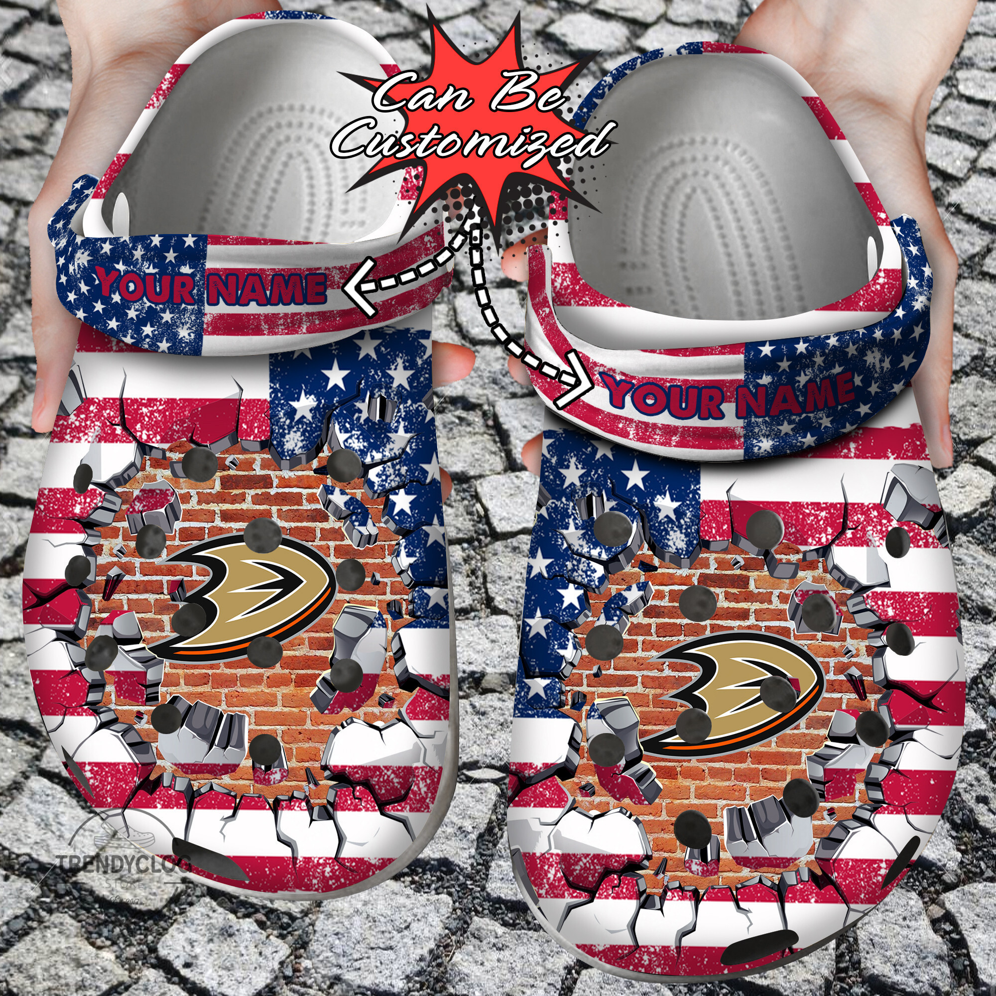 Hockey Personalized ADucks American Flag Breaking Wall Clog Crocs Shoes