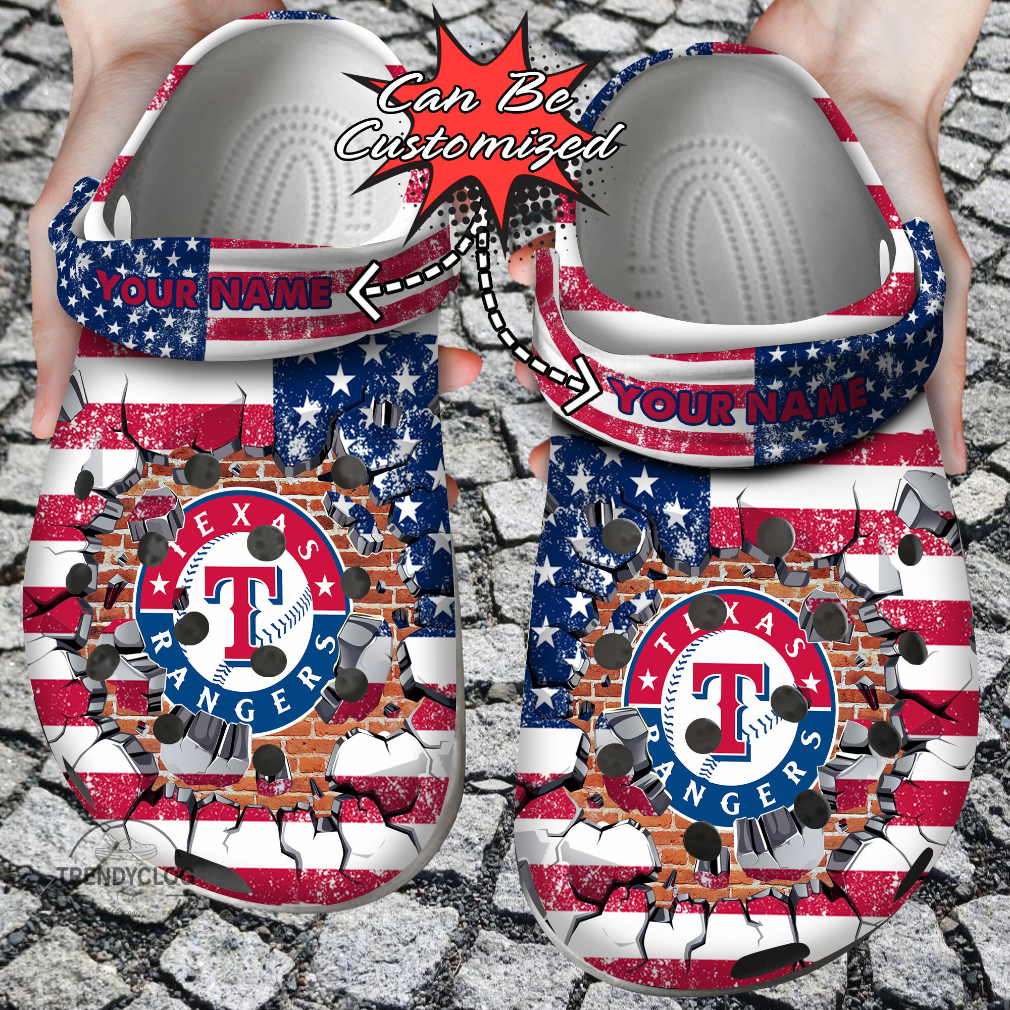 Baseball Personalized TRangers American Flag Breaking Wall Clog Crocs Shoes