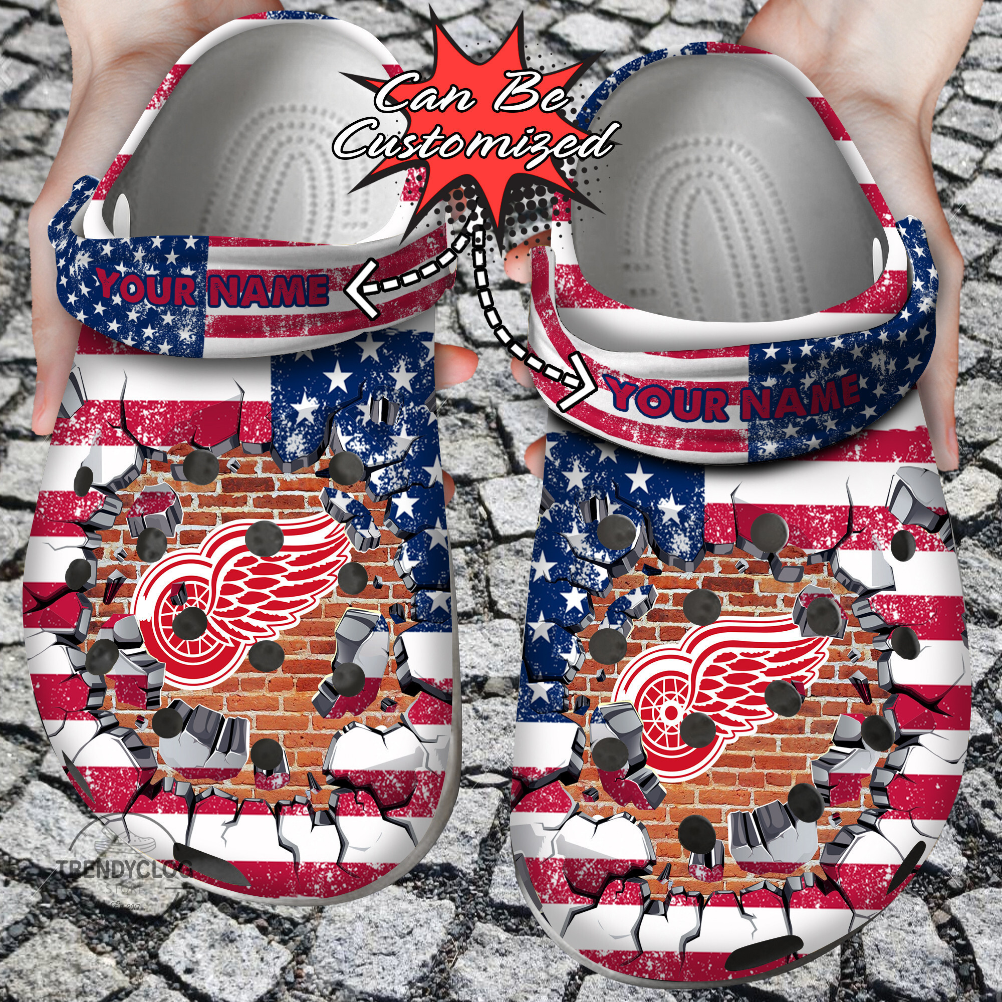 Hockey Personalized DRed Wings American Flag Breaking Wall Clog Crocs Shoes