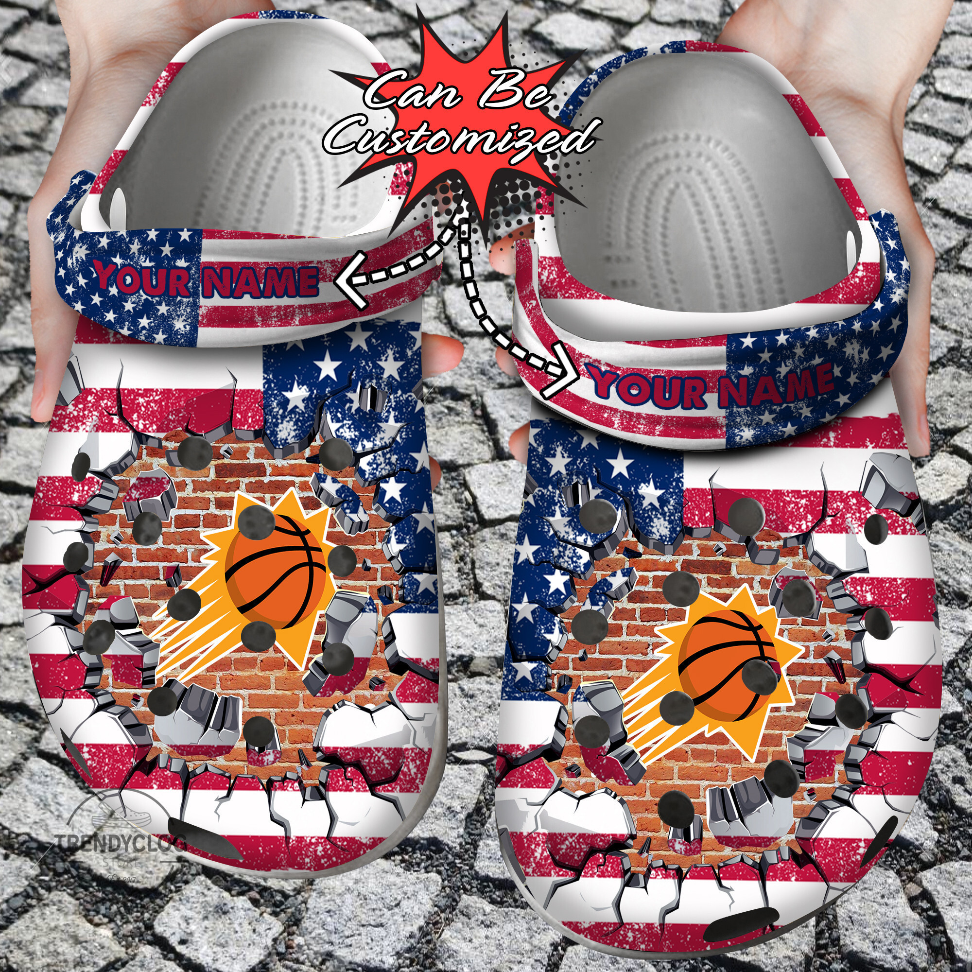 Basketball Personalized PSuns American Flag Breaking Wall Clog Crocs Shoes