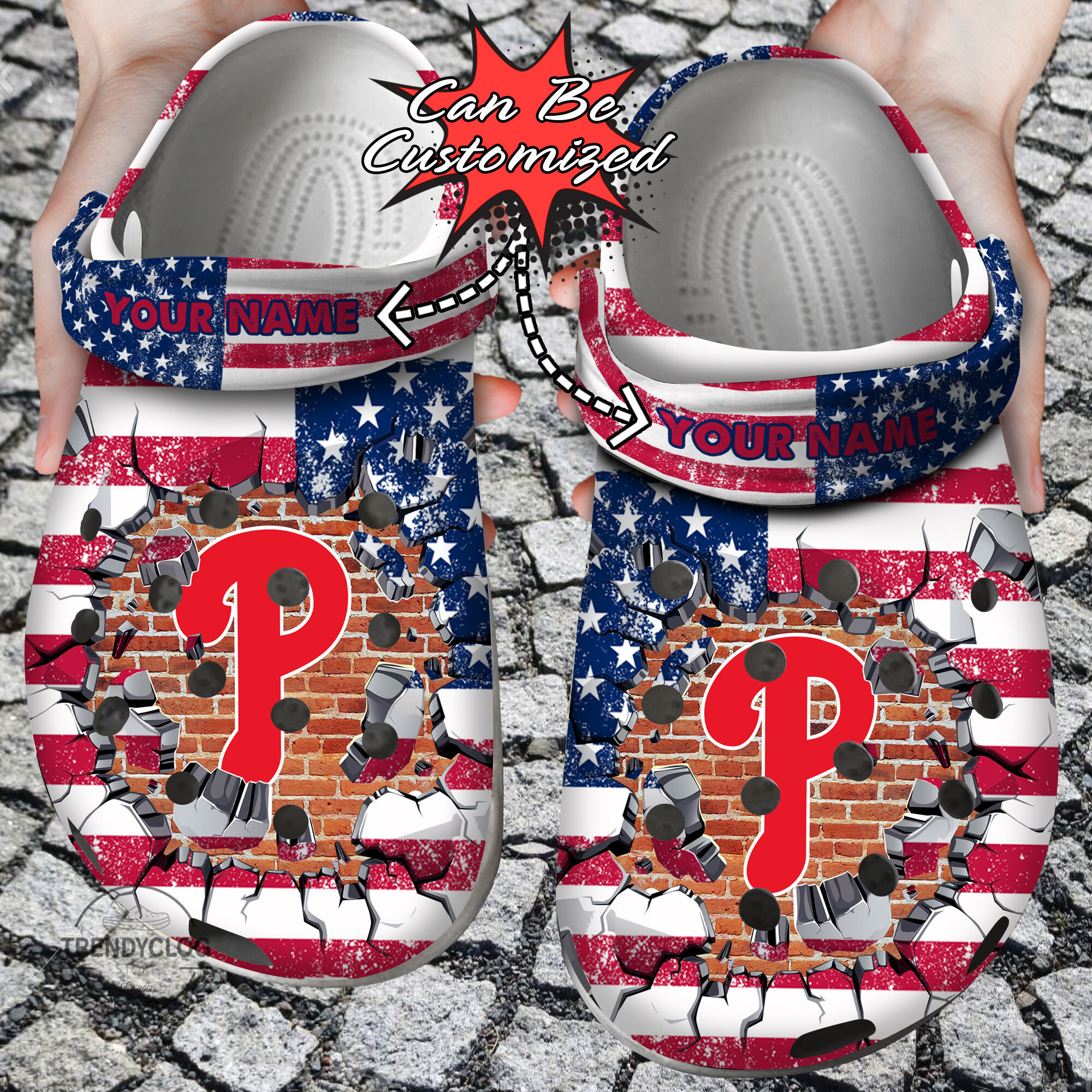 Baseball Personalized PPhillies American Flag Breaking Wall Clog Crocs Shoes