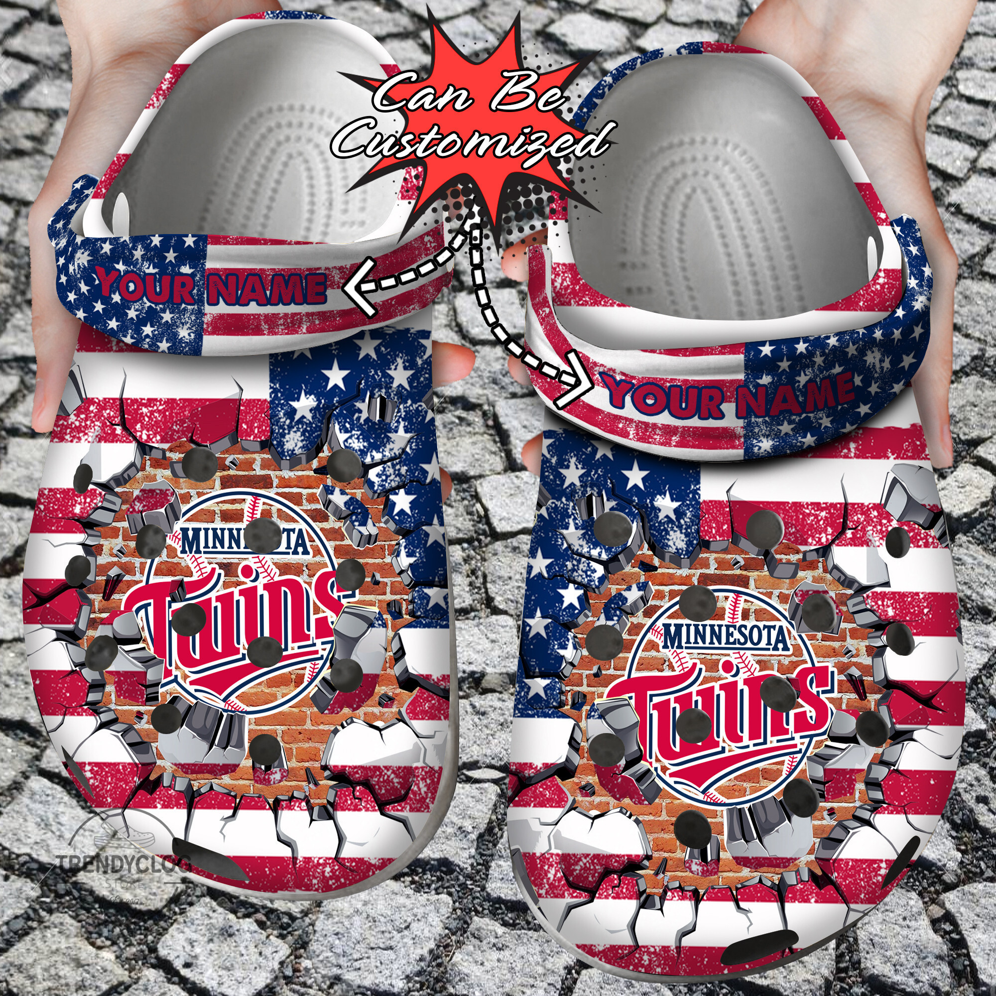 Baseball Personalized MTwins American Flag Breaking Wall Clog Crocs Shoes