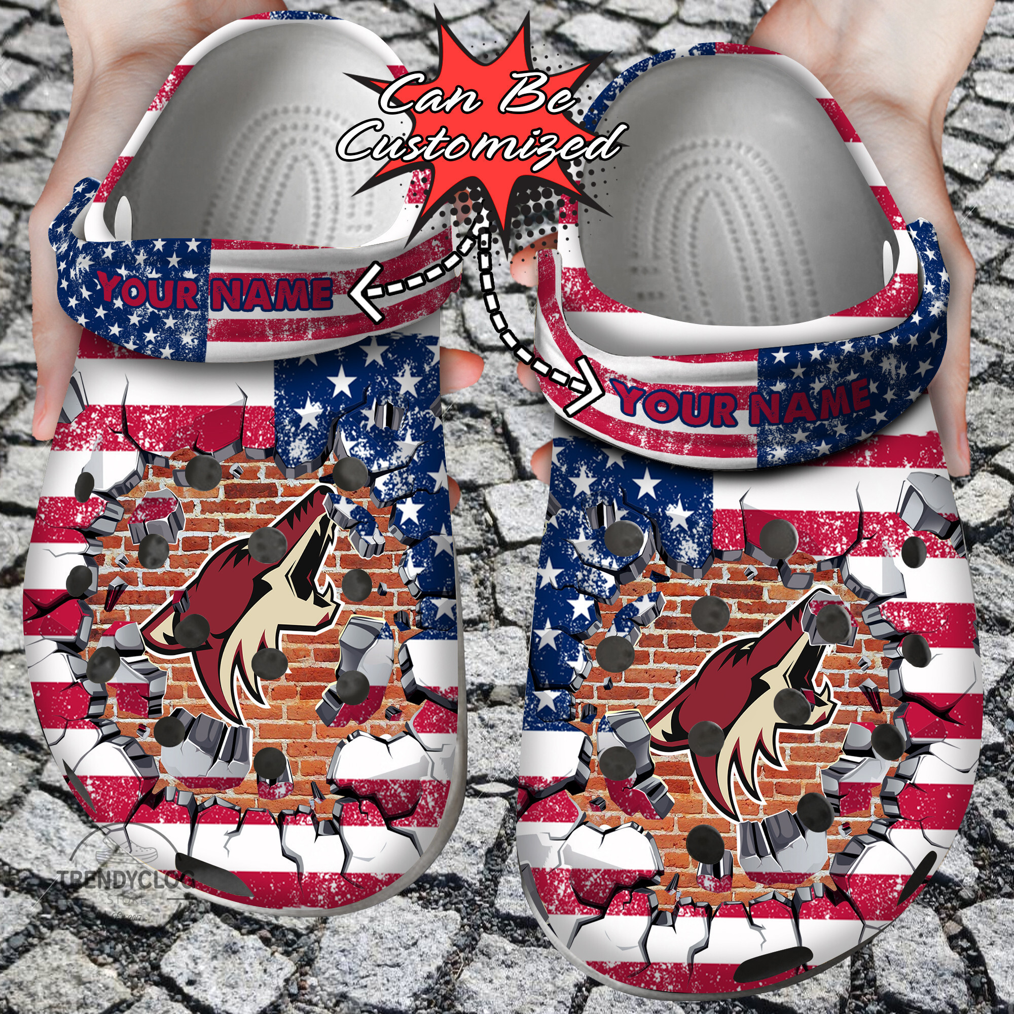 Hockey Personalized ACoyotes American Flag Breaking Wall Clog Crocs Shoes