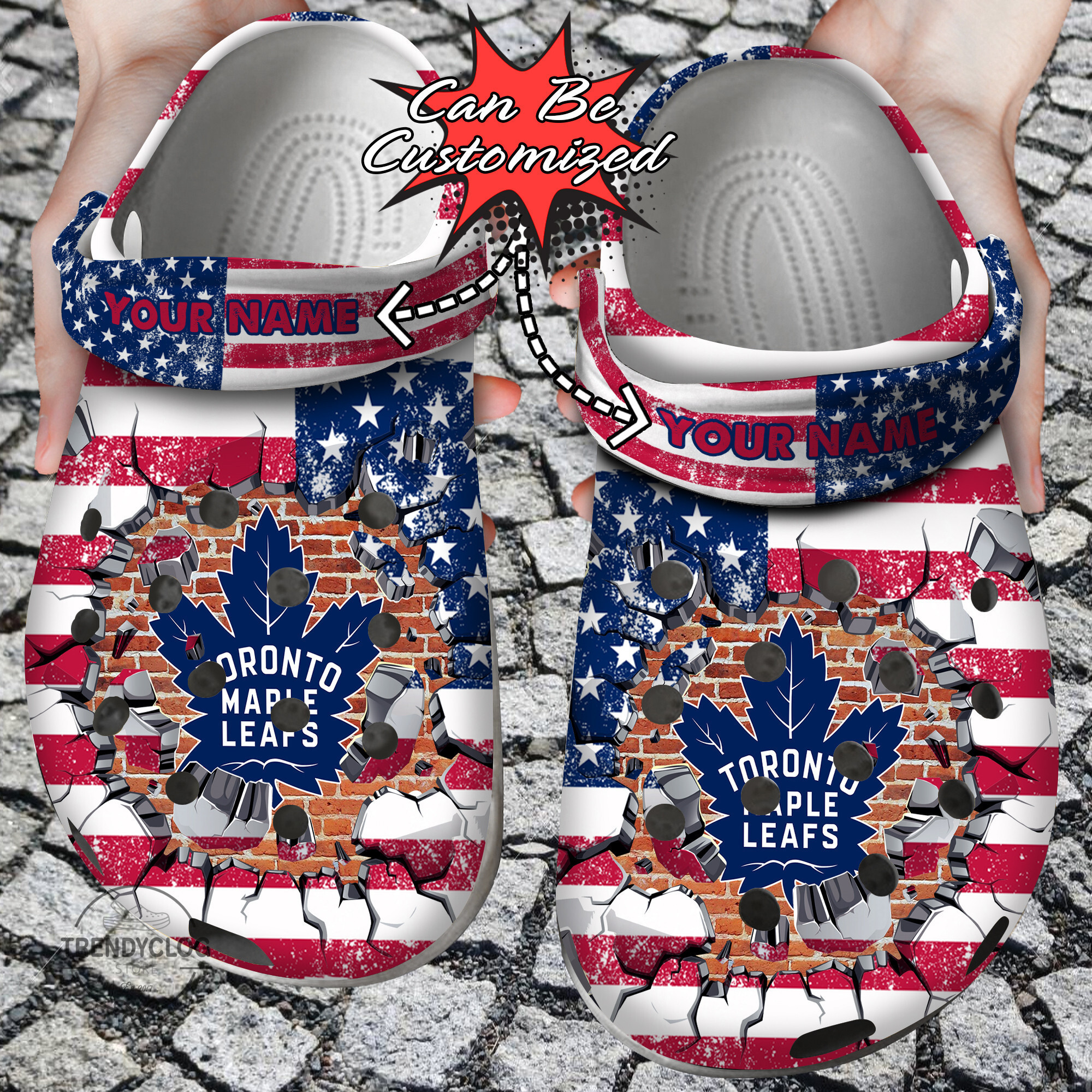 Hockey Personalized TMaple Leafs American Flag Breaking Wall Clog Crocs Shoes