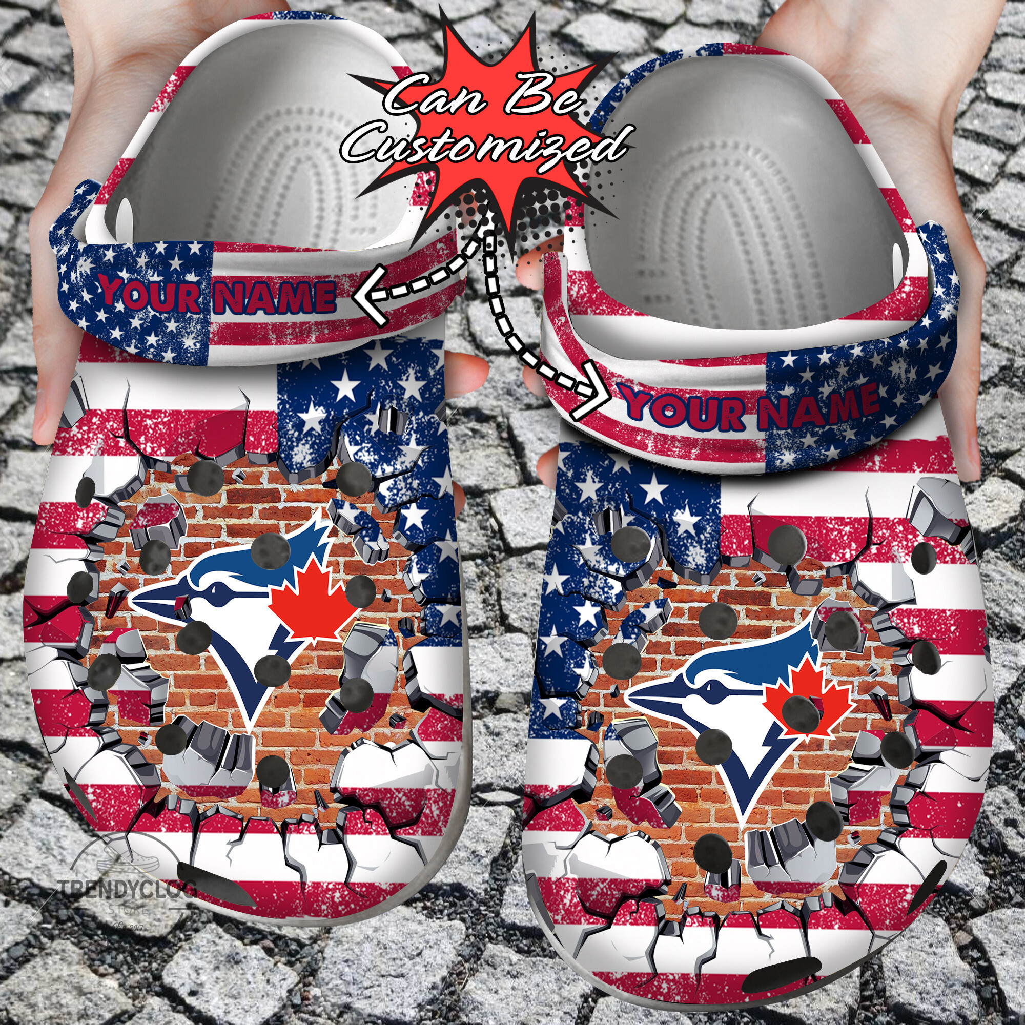 Baseball Personalized TBlue Jays American Flag Breaking Wall Clog Crocs Shoes